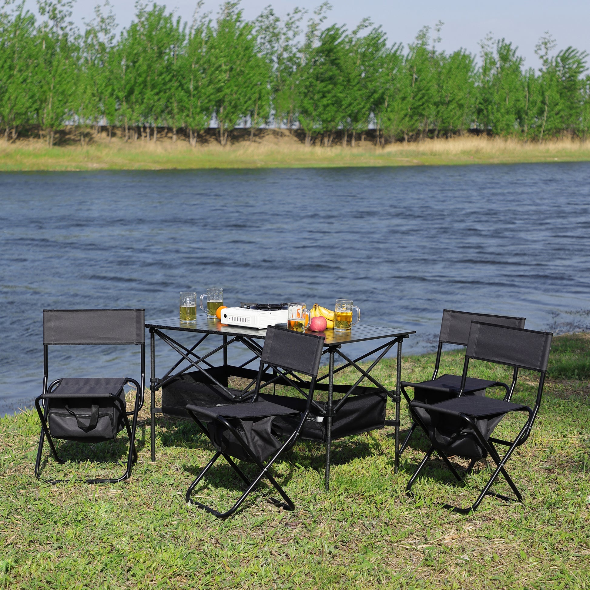 Set of 5 Outdoor Camping Foldable Chair and Roll up Portable Table- Black+Gray_3
