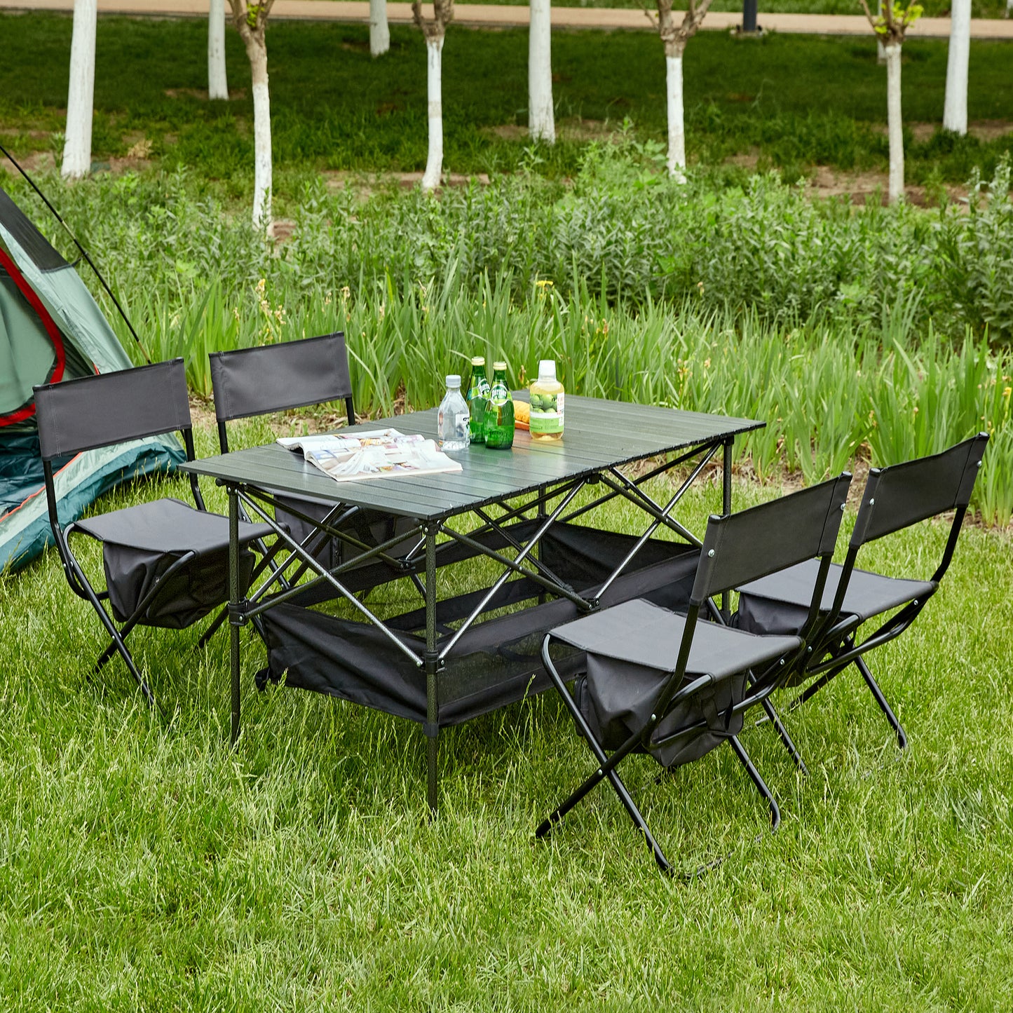 Set of 5 Outdoor Camping Foldable Chair and Roll up Portable Table- Black+Gray_1