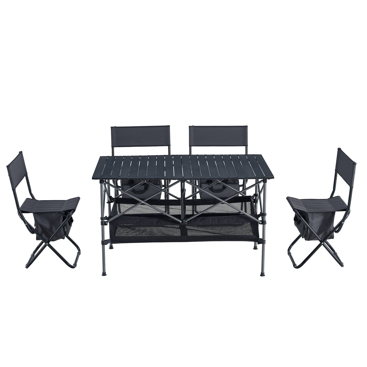 Set of 5 Outdoor Camping Foldable Chair and Roll up Portable Table- Black+Gray_15