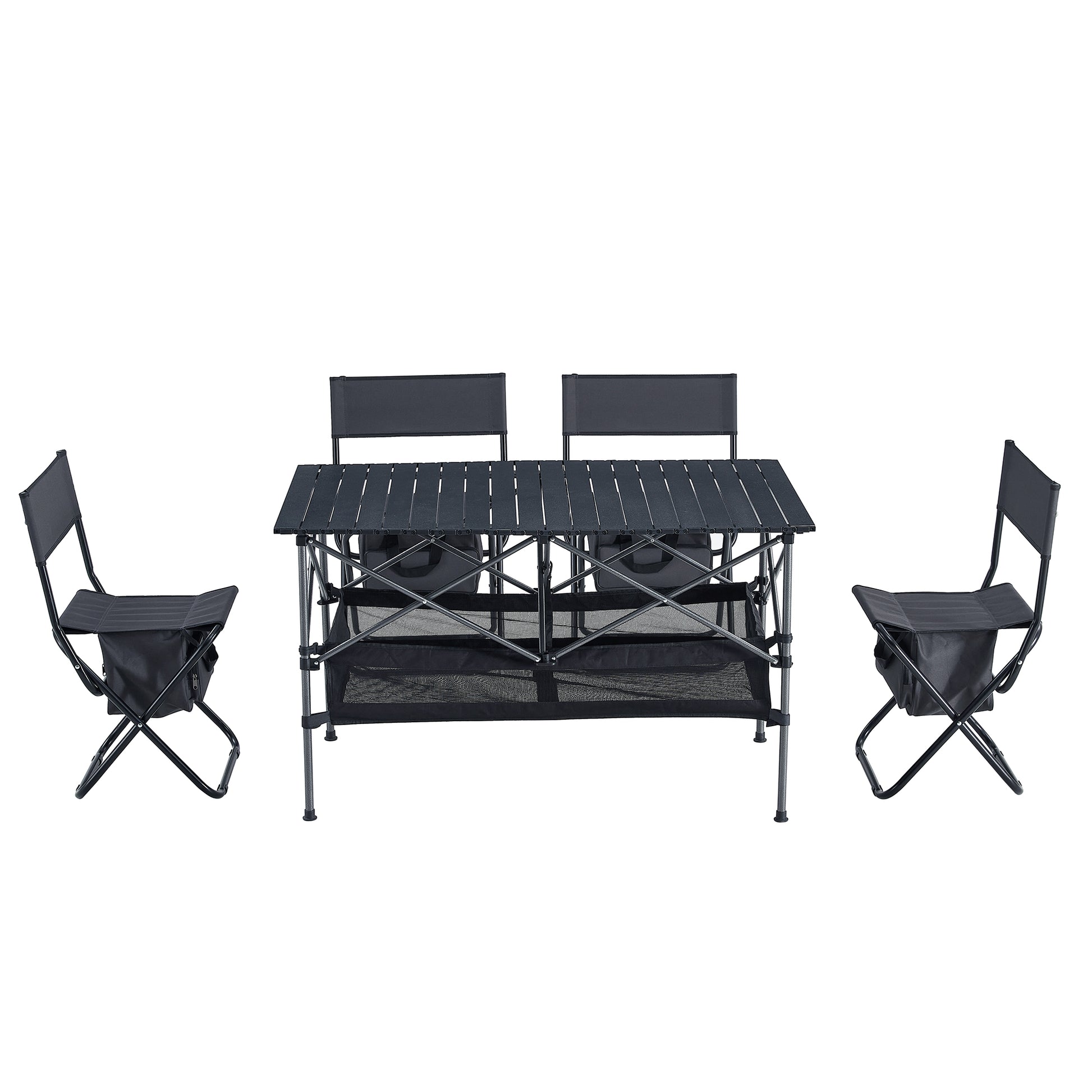 Set of 5 Outdoor Camping Foldable Chair and Roll up Portable Table- Black+Gray_15