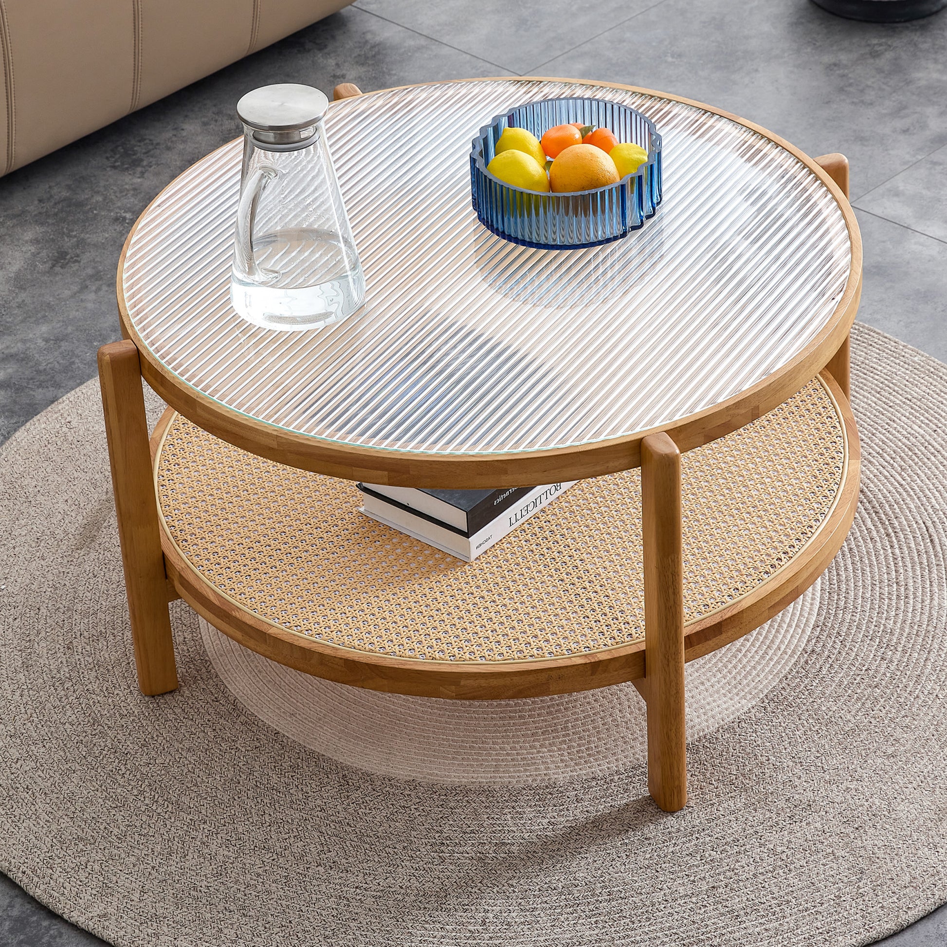 Modern and Simple Solid Wood Double Layered Circular Rattan Coffee Table- Natural_1