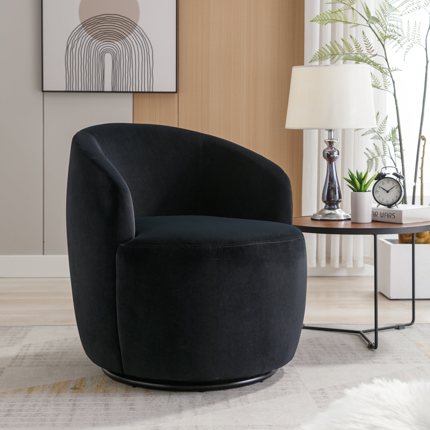 Velvet Fabric Swivel Accent Armchair Plain Barrel Chair With Black Metal Ring- Black_9