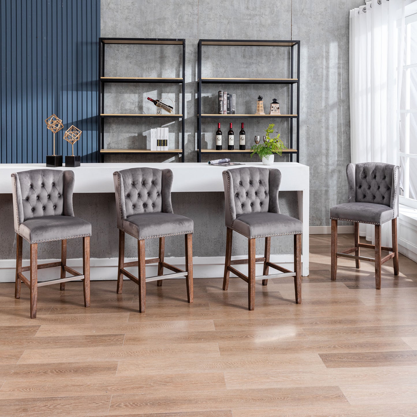 27" Upholstered Velvet Barstools Set of 2 with Nailhead Trim & Tufted Back- Grey_16