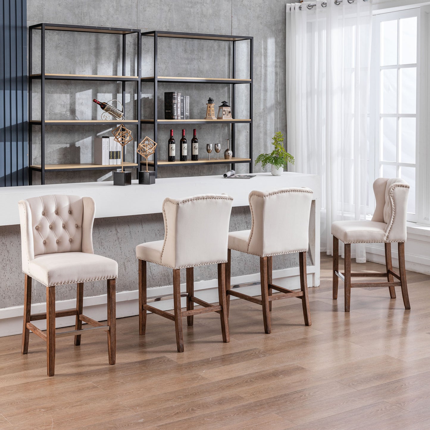 27" Upholstered Velvet Barstools Set of 2 with Nailhead Trim & Tufted Back- Beige_16