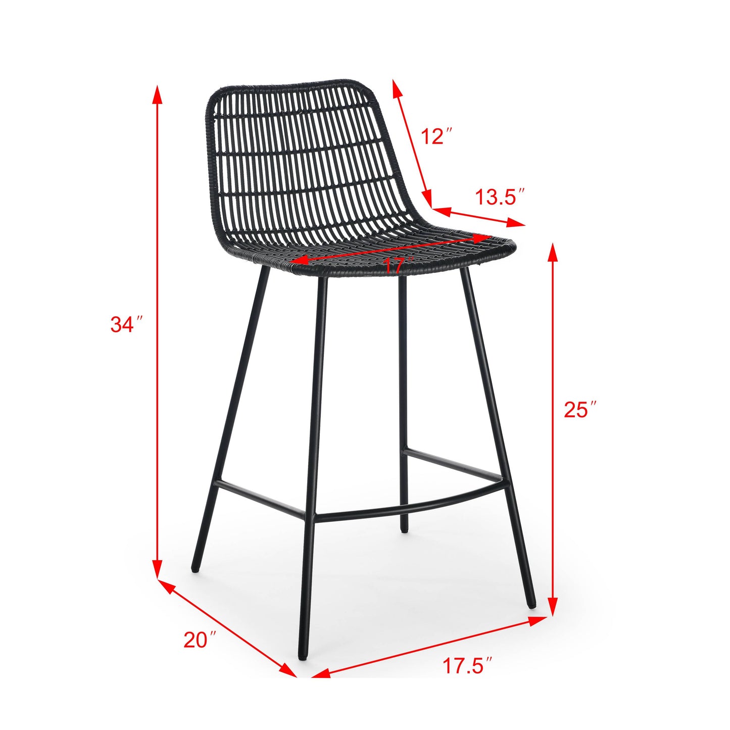 Set of 2 Rattan Wicker Indoor Bar Counter Stools with Steel Legs- Black_8