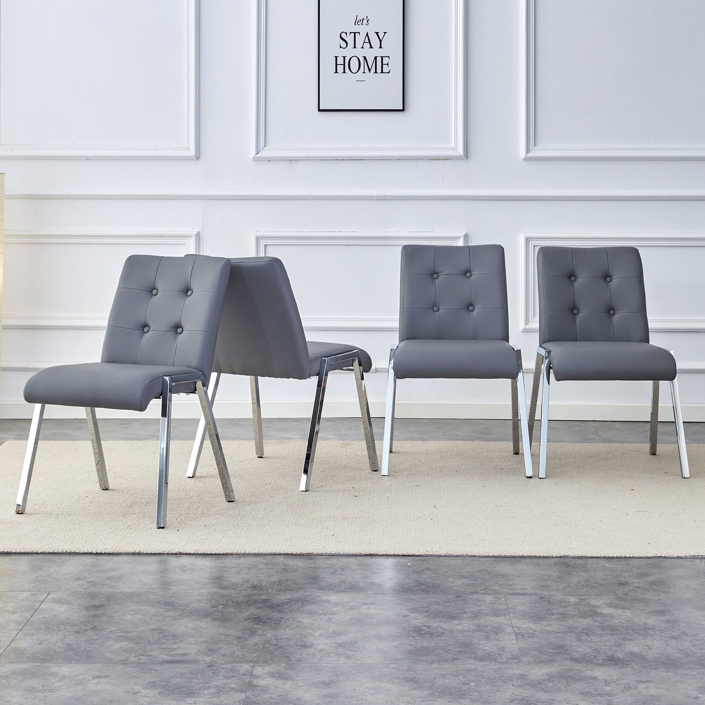 4 pcs Grid Armless Faux Leather High Back Upholstered Padded Dining Chairs- Grey_2