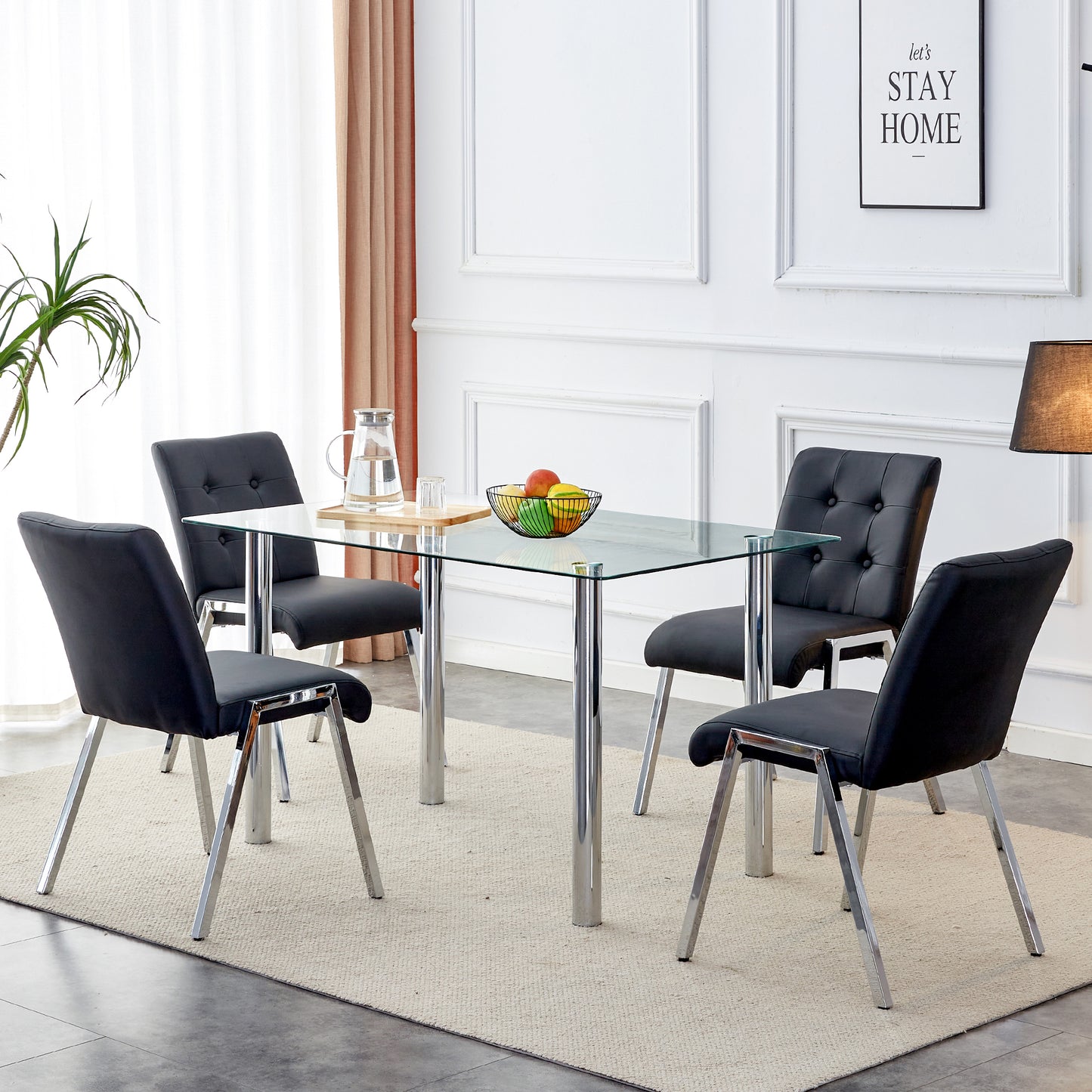 4 pcs Grid Armless Faux Leather High Back Upholstered Padded Dining Chairs- Black_5