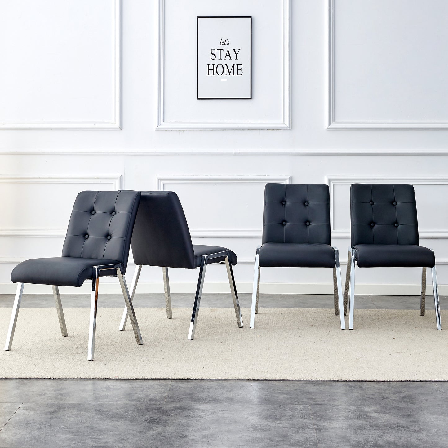 4 pcs Grid Armless Faux Leather High Back Upholstered Padded Dining Chairs- Black_1