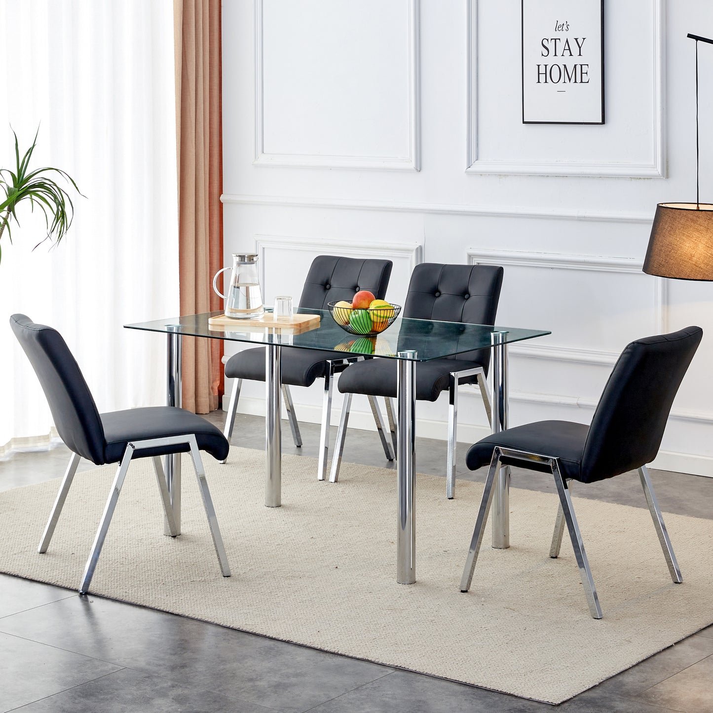 4 pcs Grid Armless Faux Leather High Back Upholstered Padded Dining Chairs- Black_4