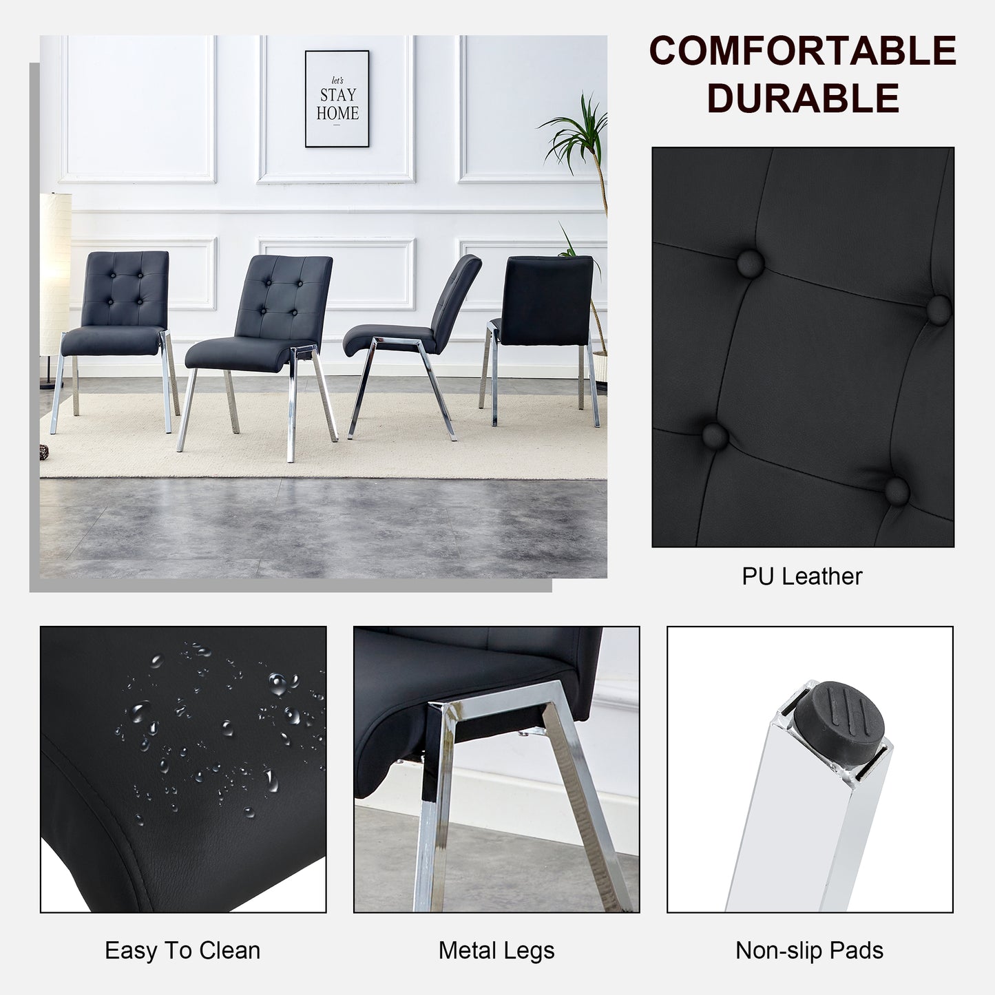 4 pcs Grid Armless Faux Leather High Back Upholstered Padded Dining Chairs- Black_18