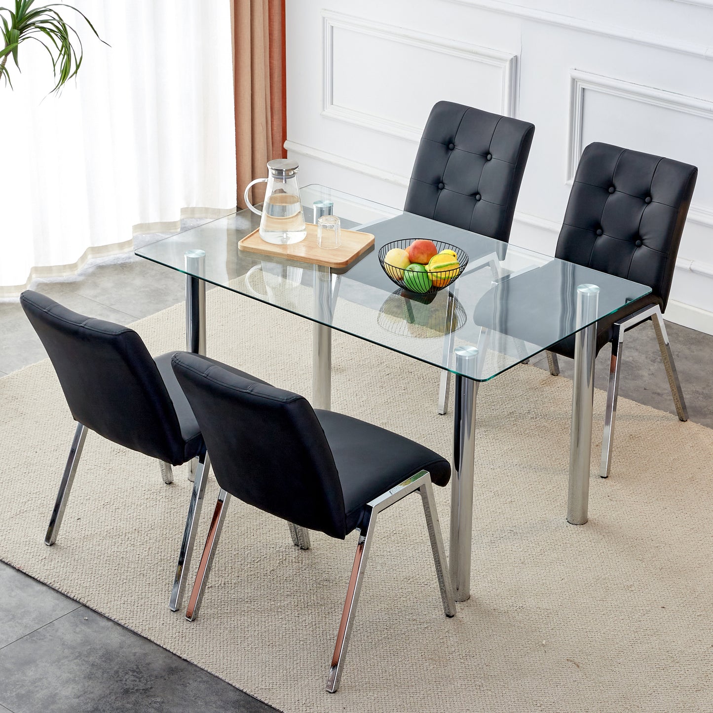 4 pcs Grid Armless Faux Leather High Back Upholstered Padded Dining Chairs- Black_3