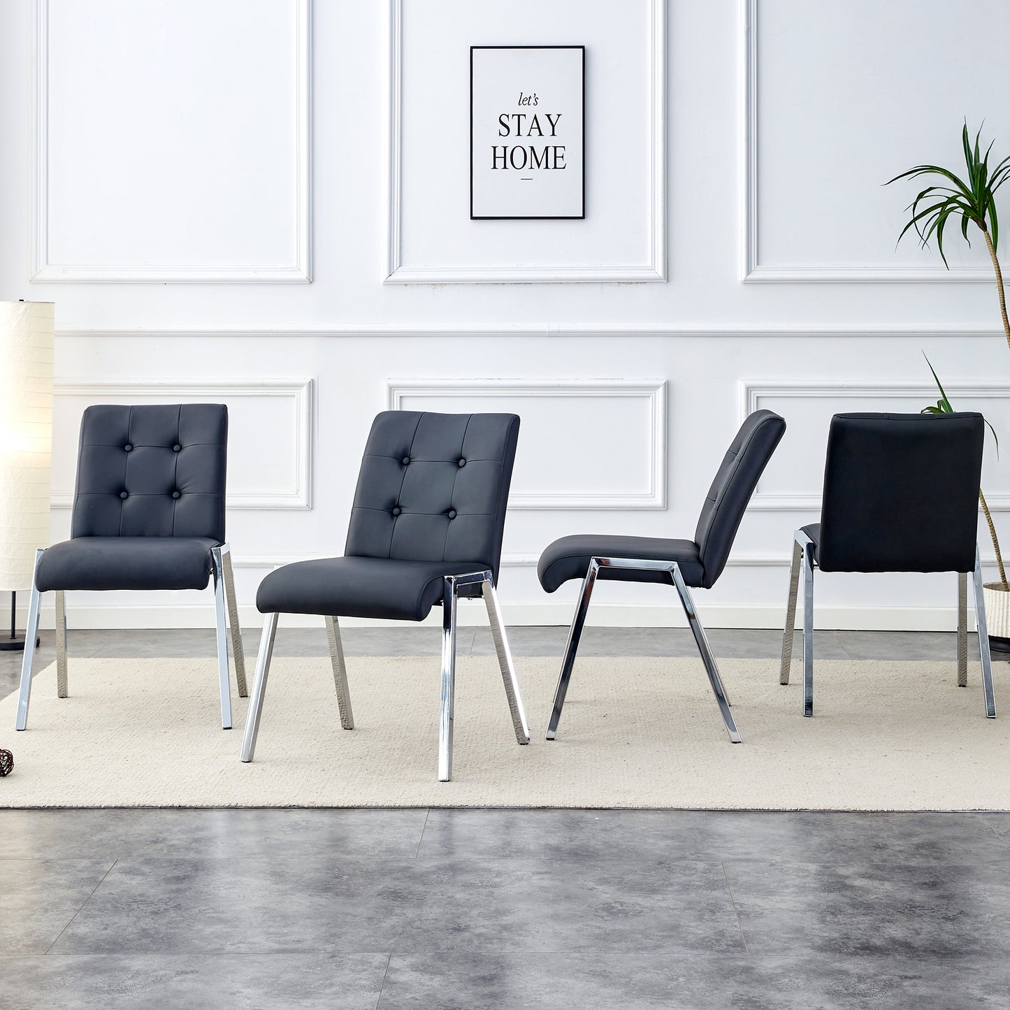 4 pcs Grid Armless Faux Leather High Back Upholstered Padded Dining Chairs- Black_2
