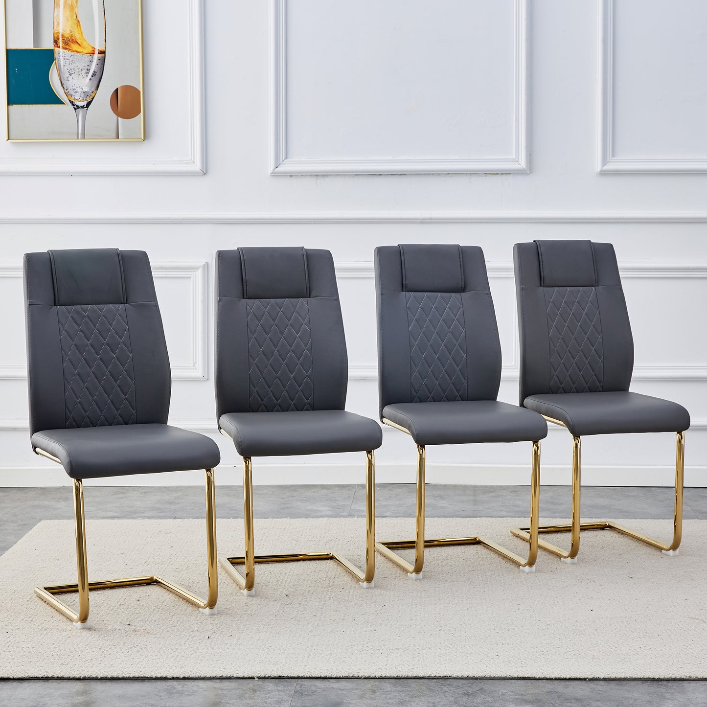 4 Pcs Faux Leather Upholstered Grid High Back Dining Chairs with Metal Base- Gray, Gold_2
