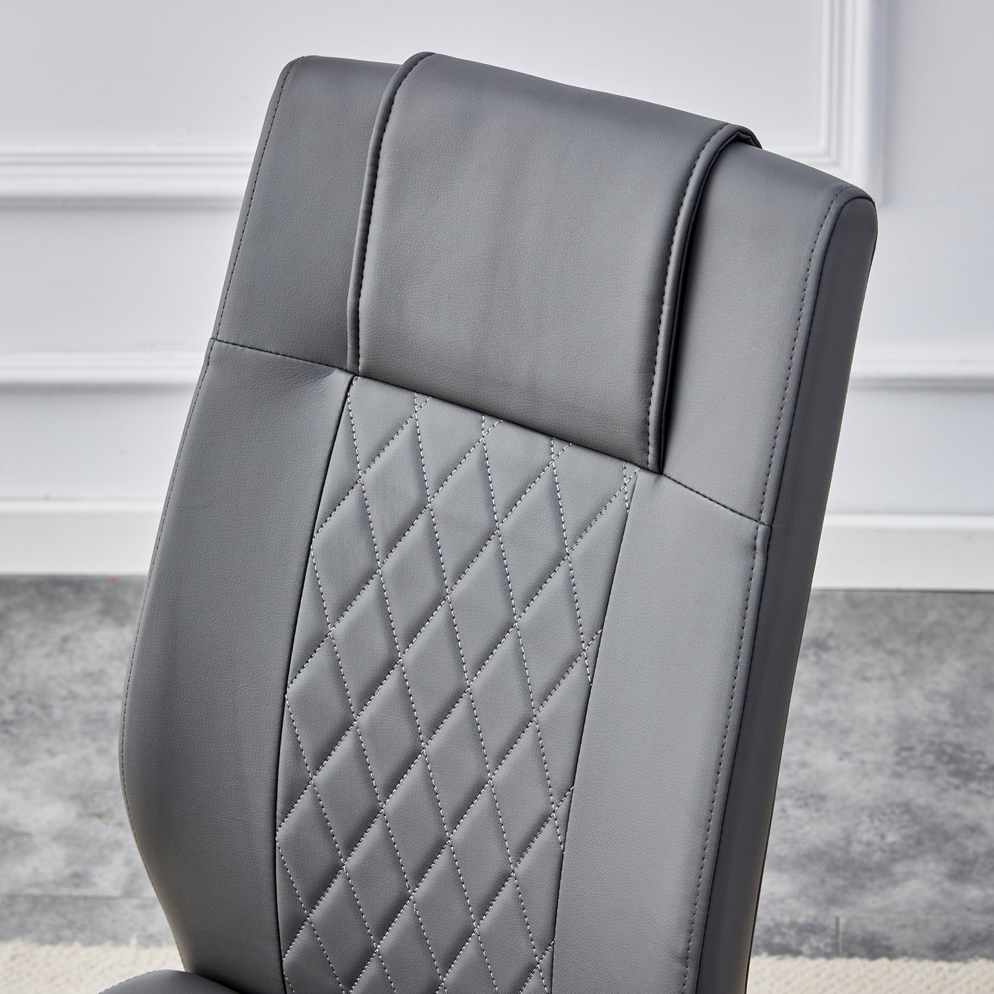 4 Pcs Faux Leather Upholstered Grid High Back Dining Chairs with Metal Base- Gray, Gold_11