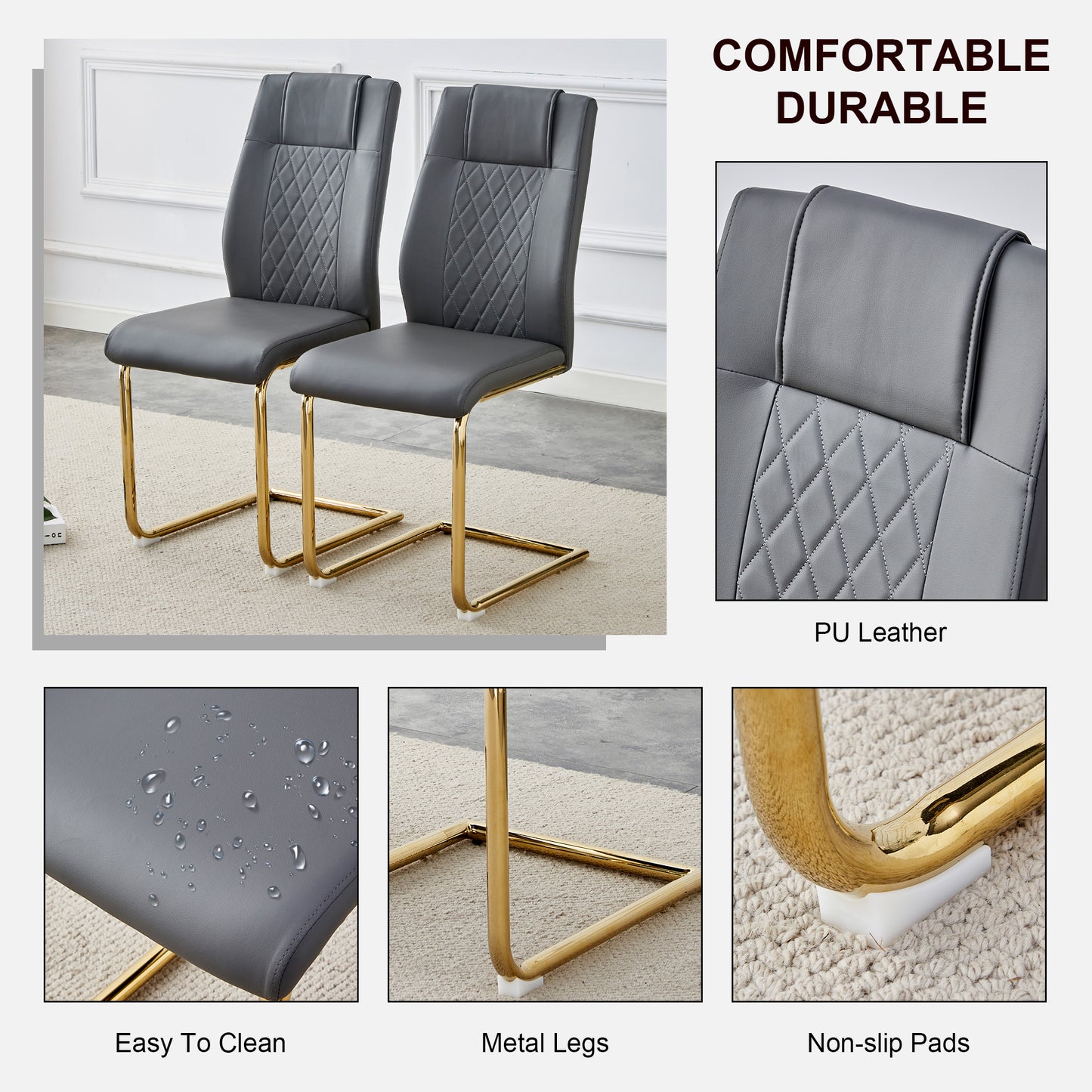 4 Pcs Faux Leather Upholstered Grid High Back Dining Chairs with Metal Base- Gray, Gold_24