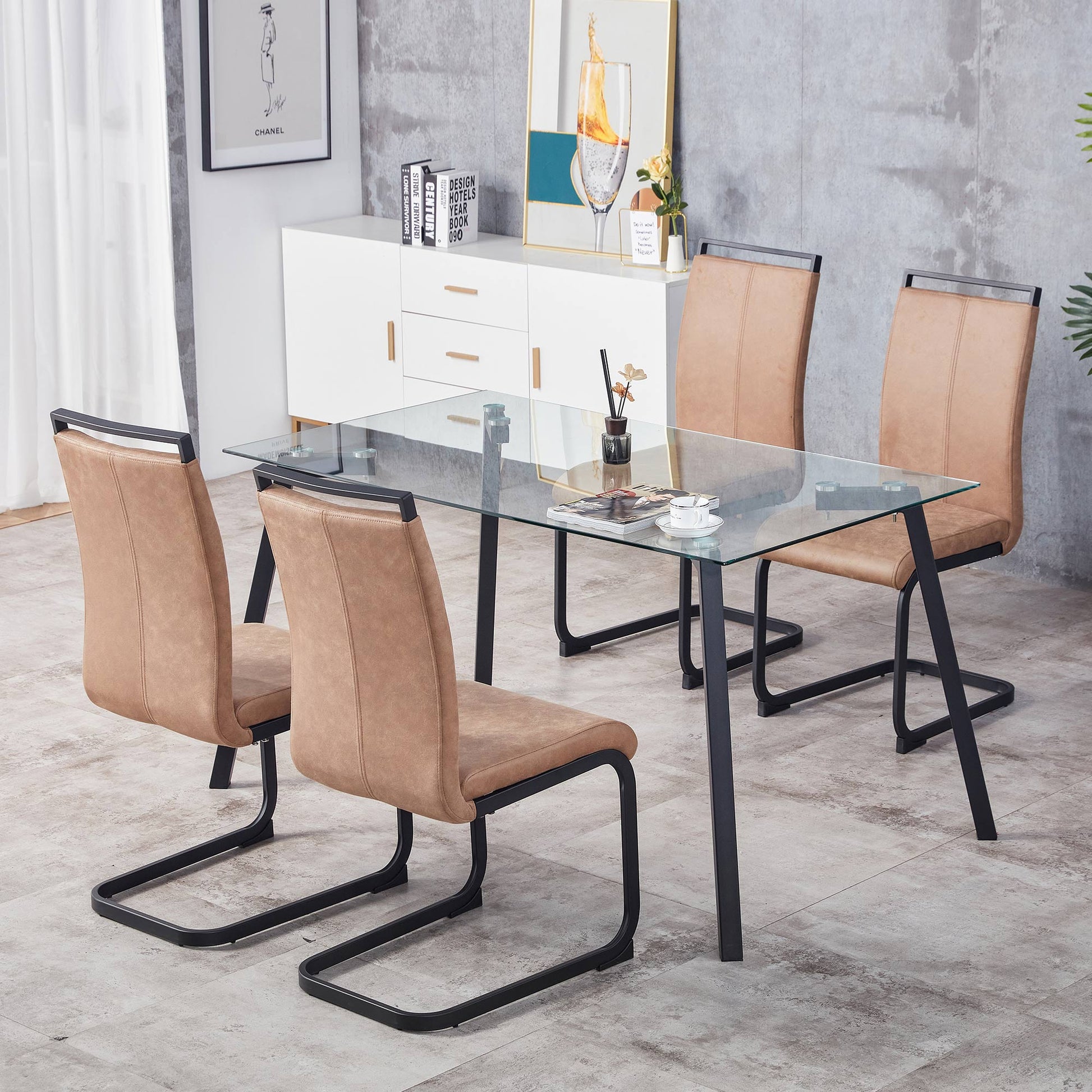 Set of 4 Modern High Back Upholstered Side Chair with C-shaped Legs- Brown, Black_5