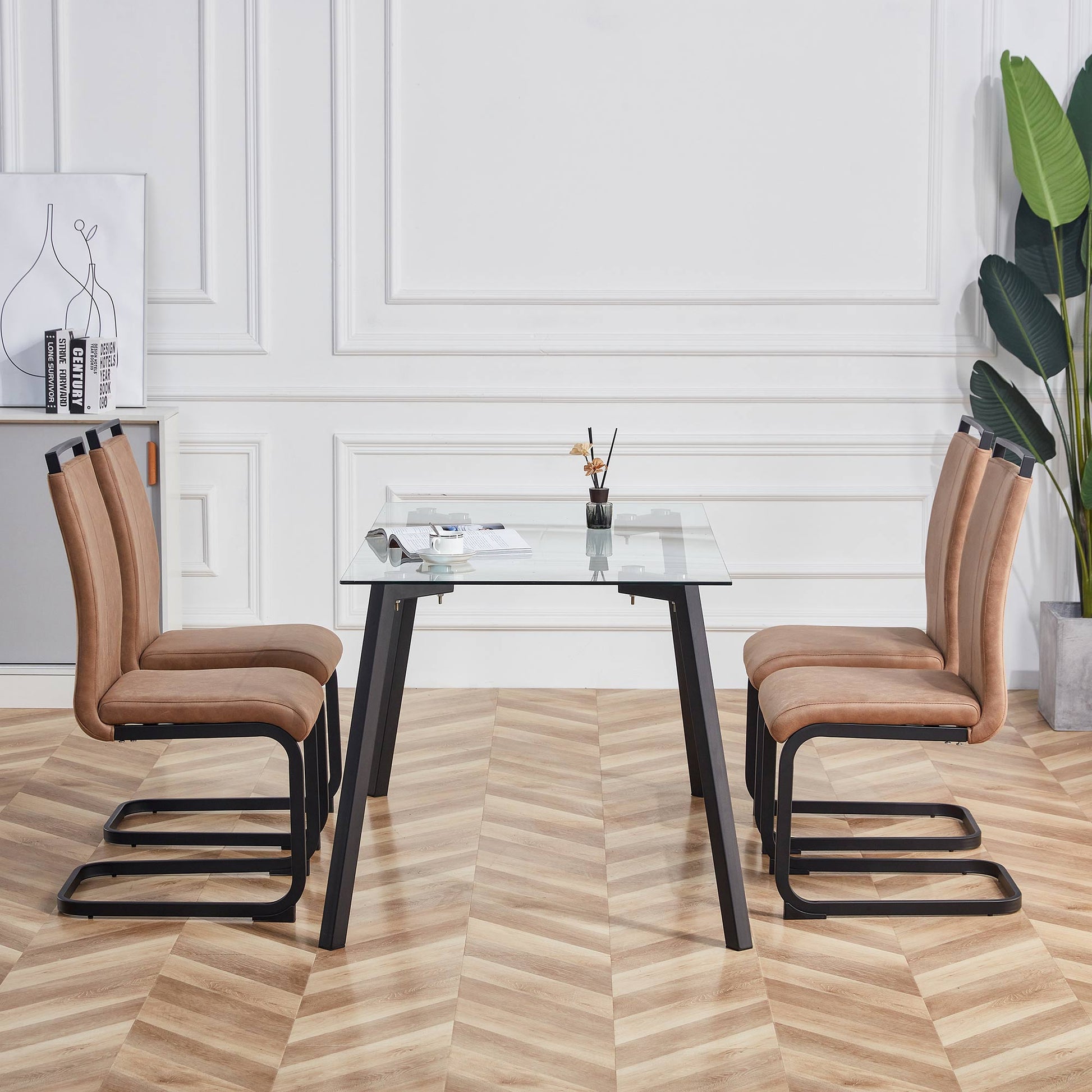 Set of 4 Modern High Back Upholstered Side Chair with C-shaped Legs- Brown, Black_2