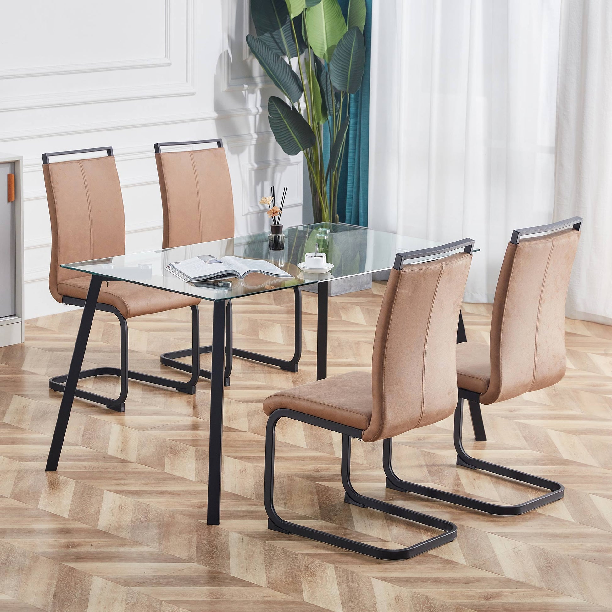 Set of 4 Modern High Back Upholstered Side Chair with C-shaped Legs- Brown, Black_4