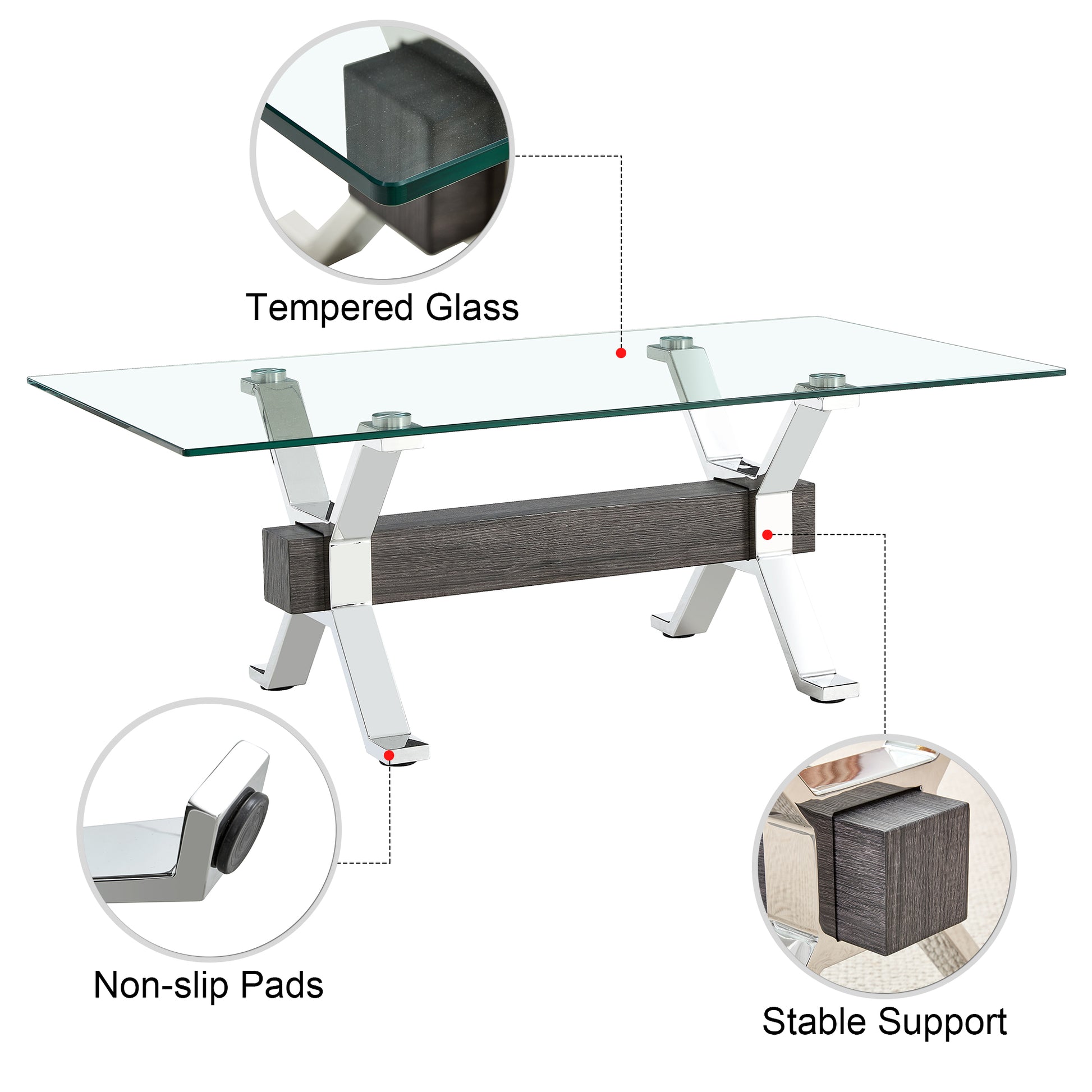 Contemporary Tempered Glass Coffee Table with Plated Metal Legs and MDF Crossbar_22