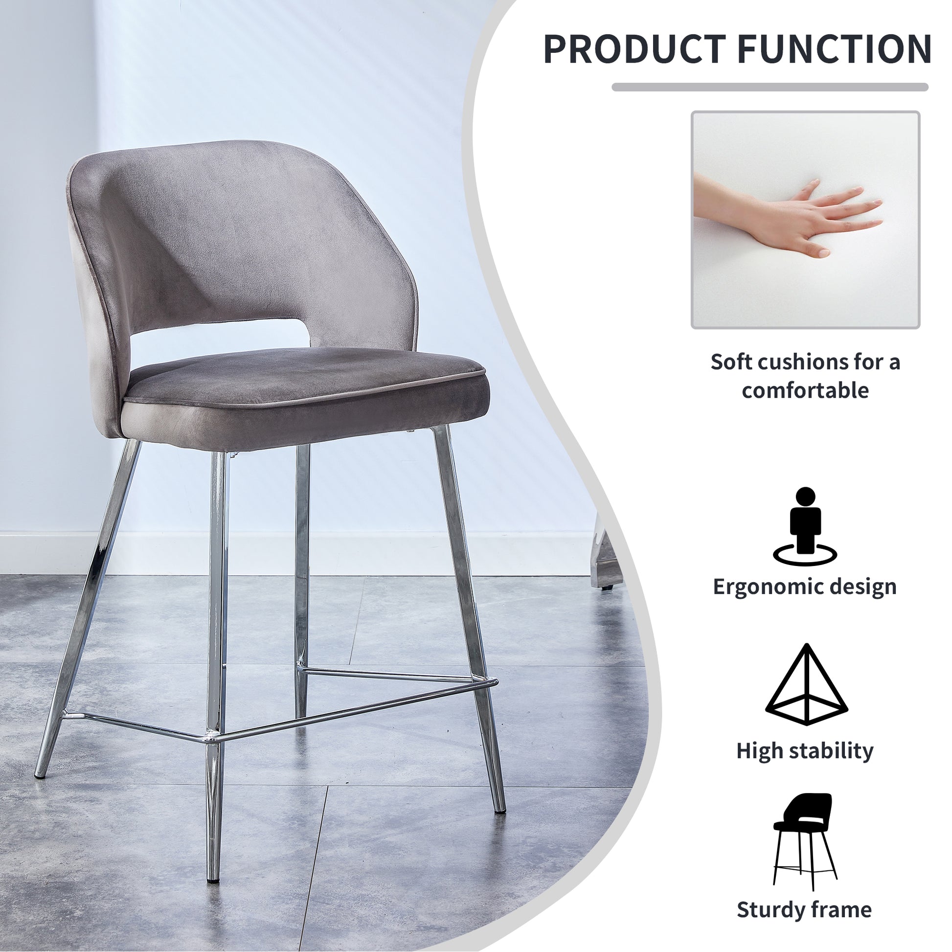 Set of 2 Velvet Dining Barstools with Anti Slip Metal Framed Legs- Gray_26