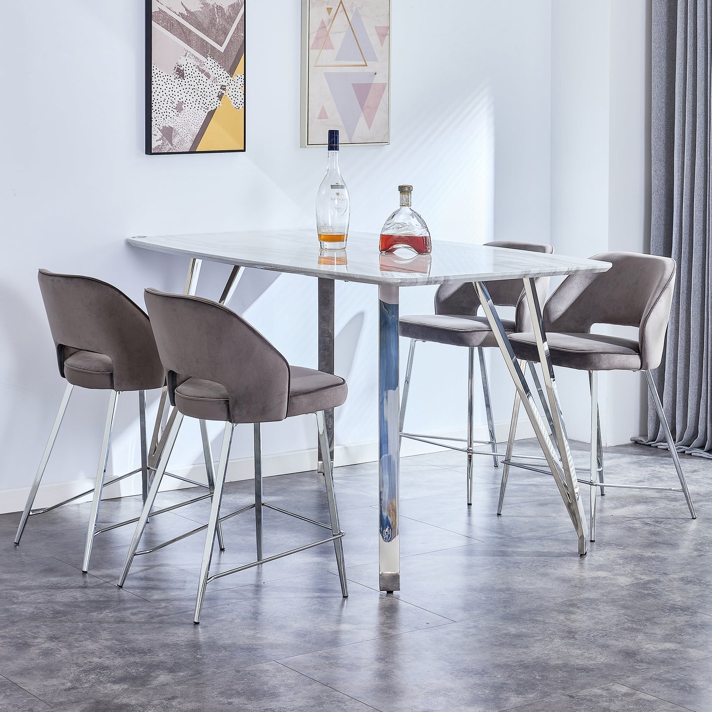Set of 2 Velvet Dining Barstools with Anti Slip Metal Framed Legs- Gray_5