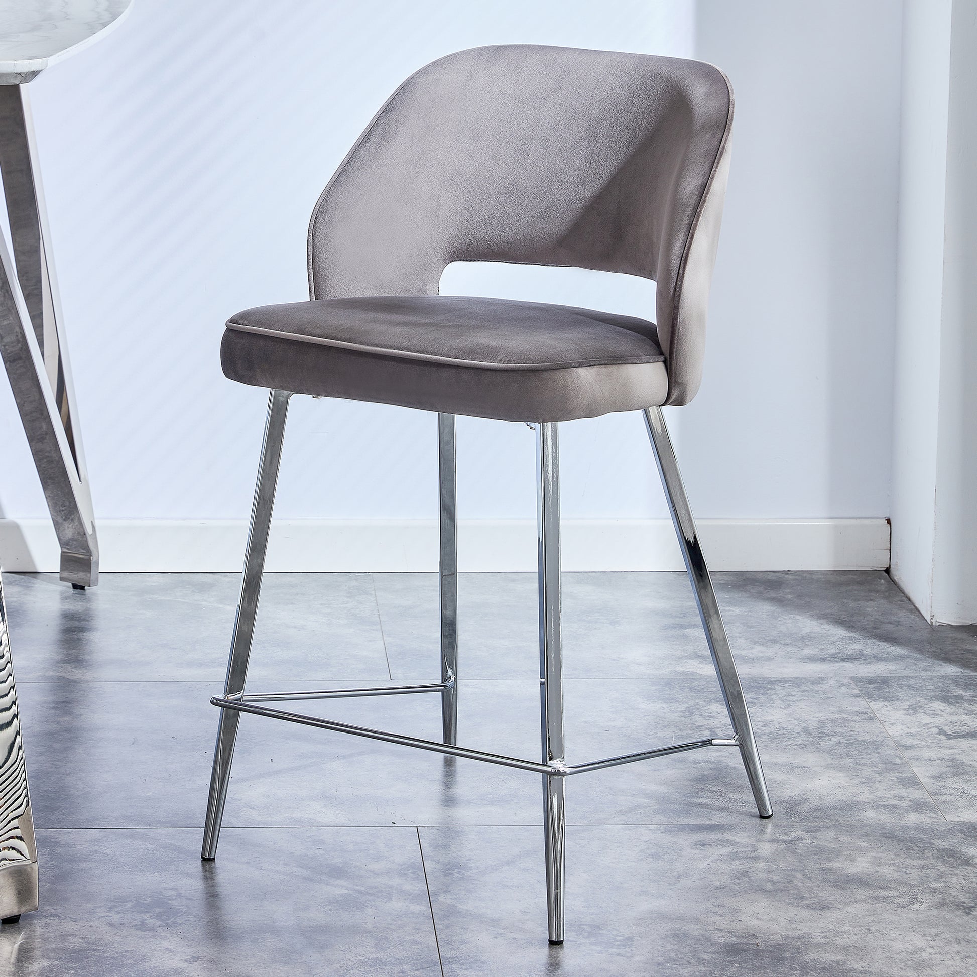 Set of 2 Velvet Dining Barstools with Anti Slip Metal Framed Legs- Gray_2