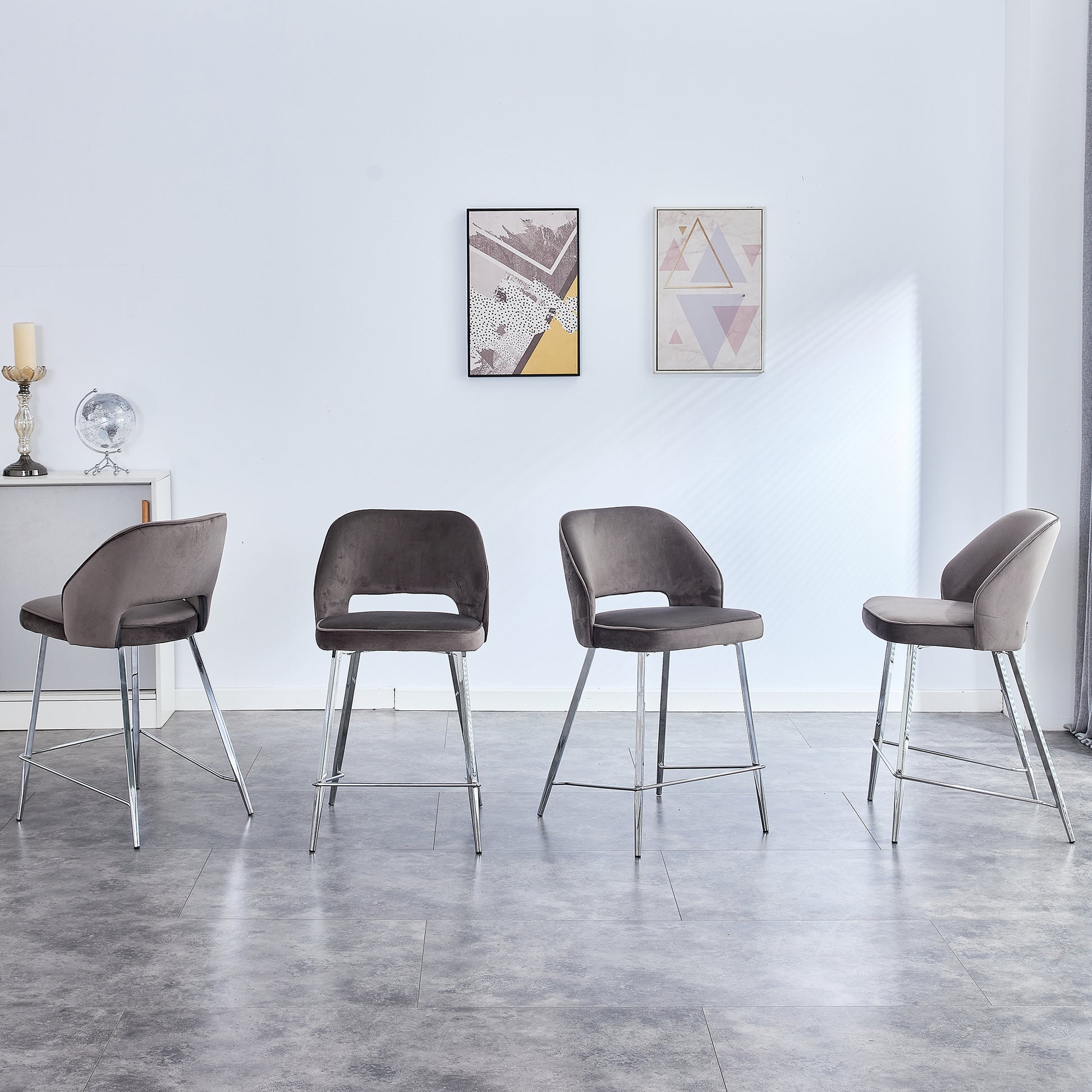 Set of 2 Velvet Dining Barstools with Anti Slip Metal Framed Legs- Gray_8