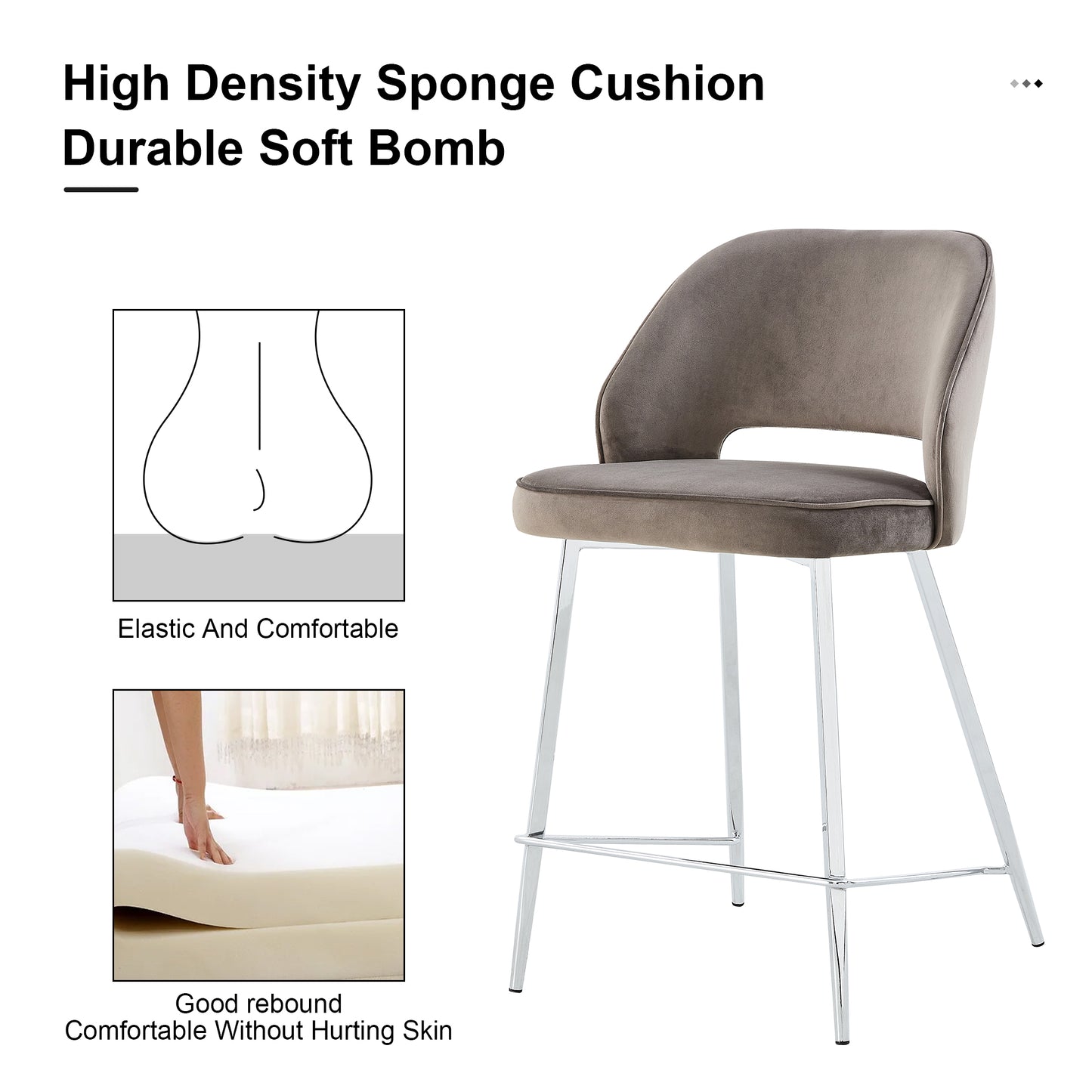Set of 2 Velvet Dining Barstools with Anti Slip Metal Framed Legs- Gray_25