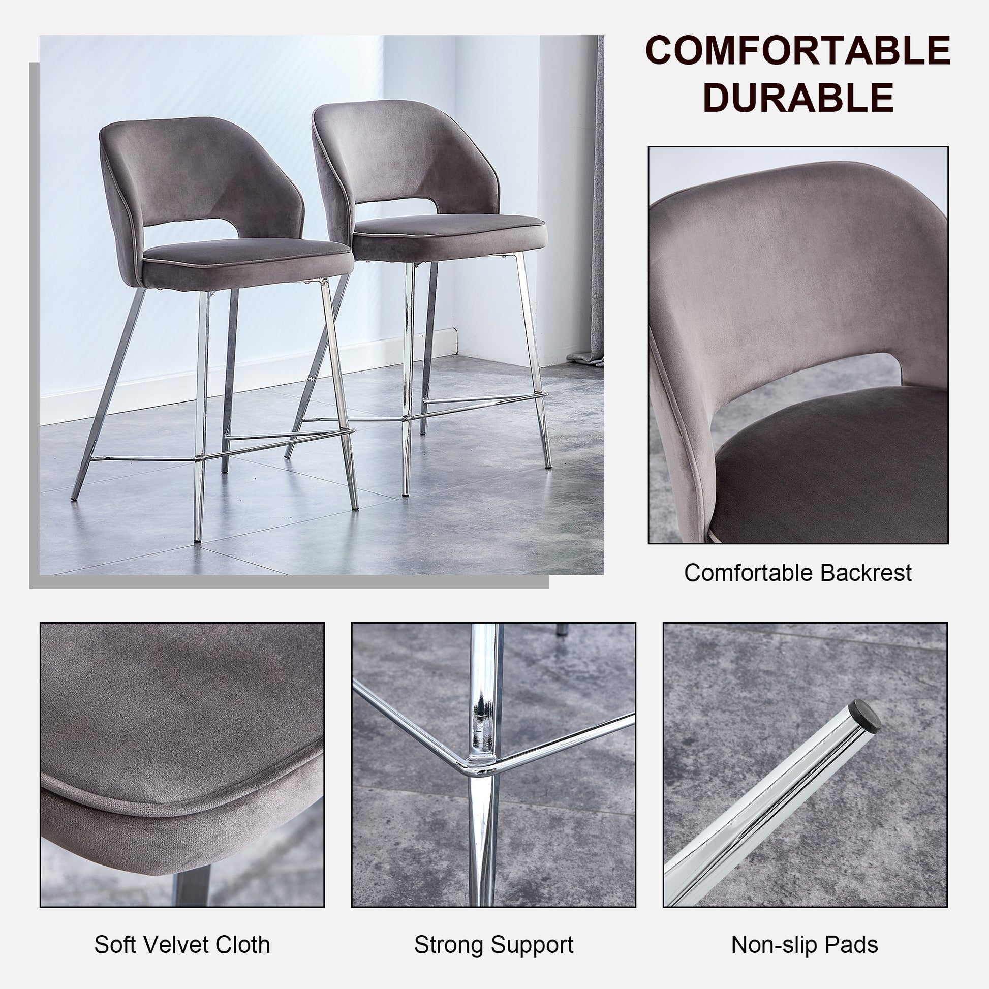 Set of 2 Velvet Dining Barstools with Anti Slip Metal Framed Legs- Gray_24