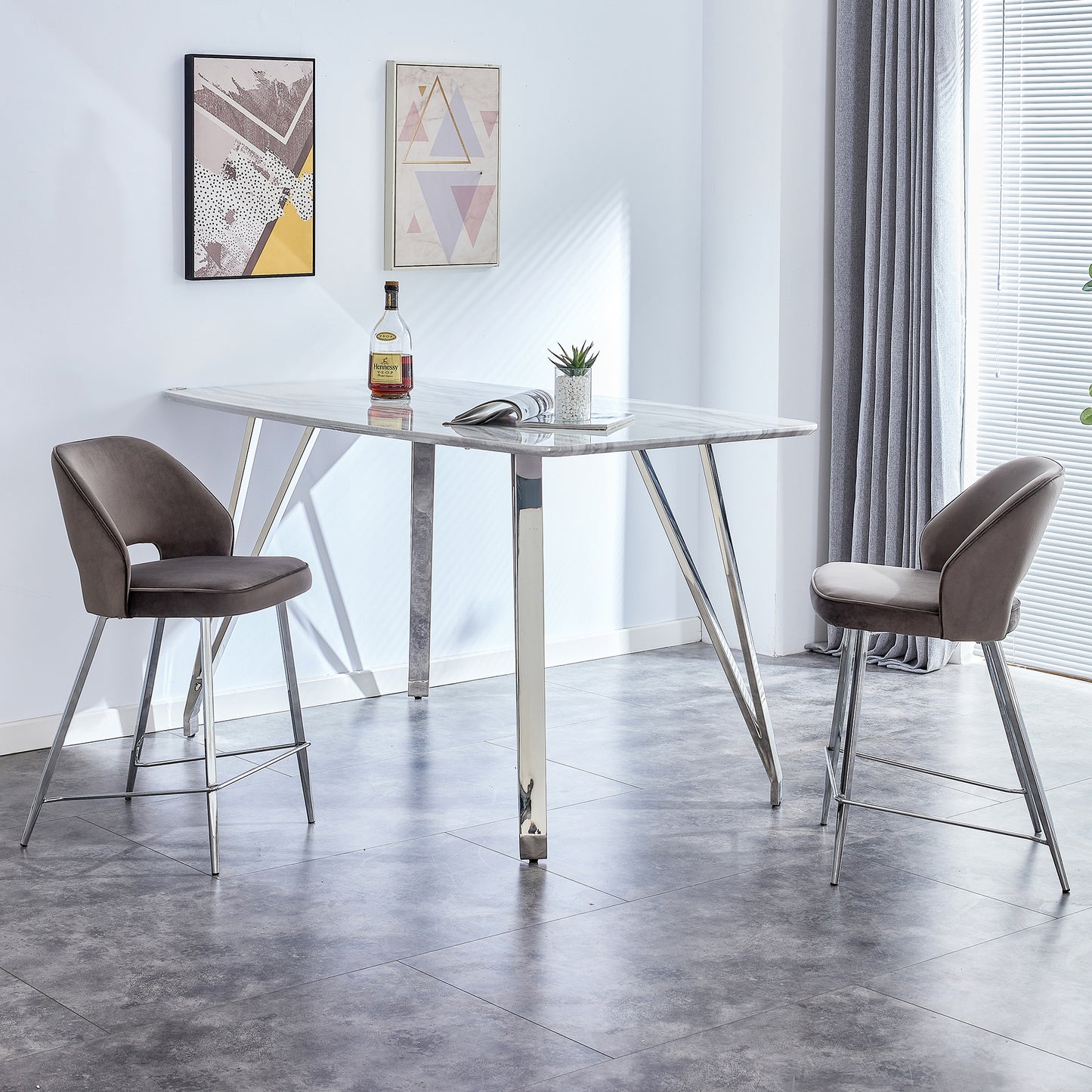 Set of 2 Velvet Dining Barstools with Anti Slip Metal Framed Legs- Gray_4