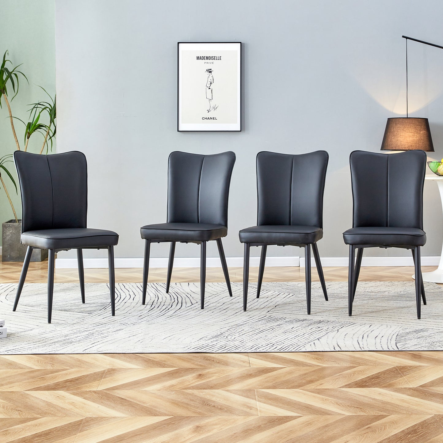 4 Pcs Faux Leather Upholstered Curved Back Dining Chairs with Metal Base- Black, Black_0
