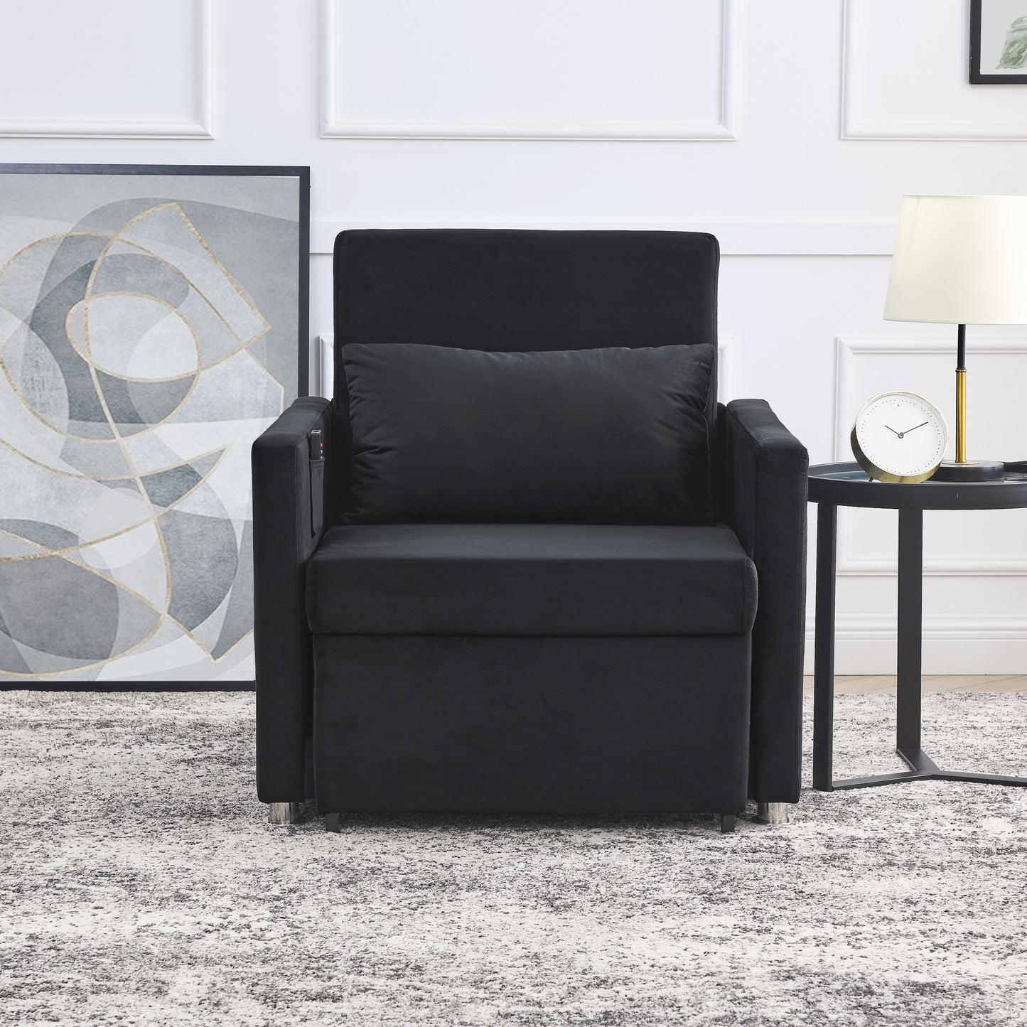 2-in-1 Convertible Sofa Chair Bed Space Saving Lounger Sleeper Chair- Black_3