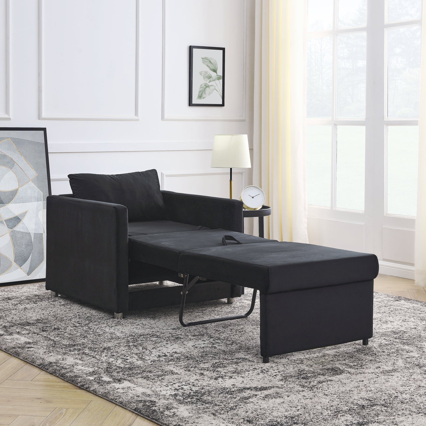 2-in-1 Convertible Sofa Chair Bed Space Saving Lounger Sleeper Chair- Black_1