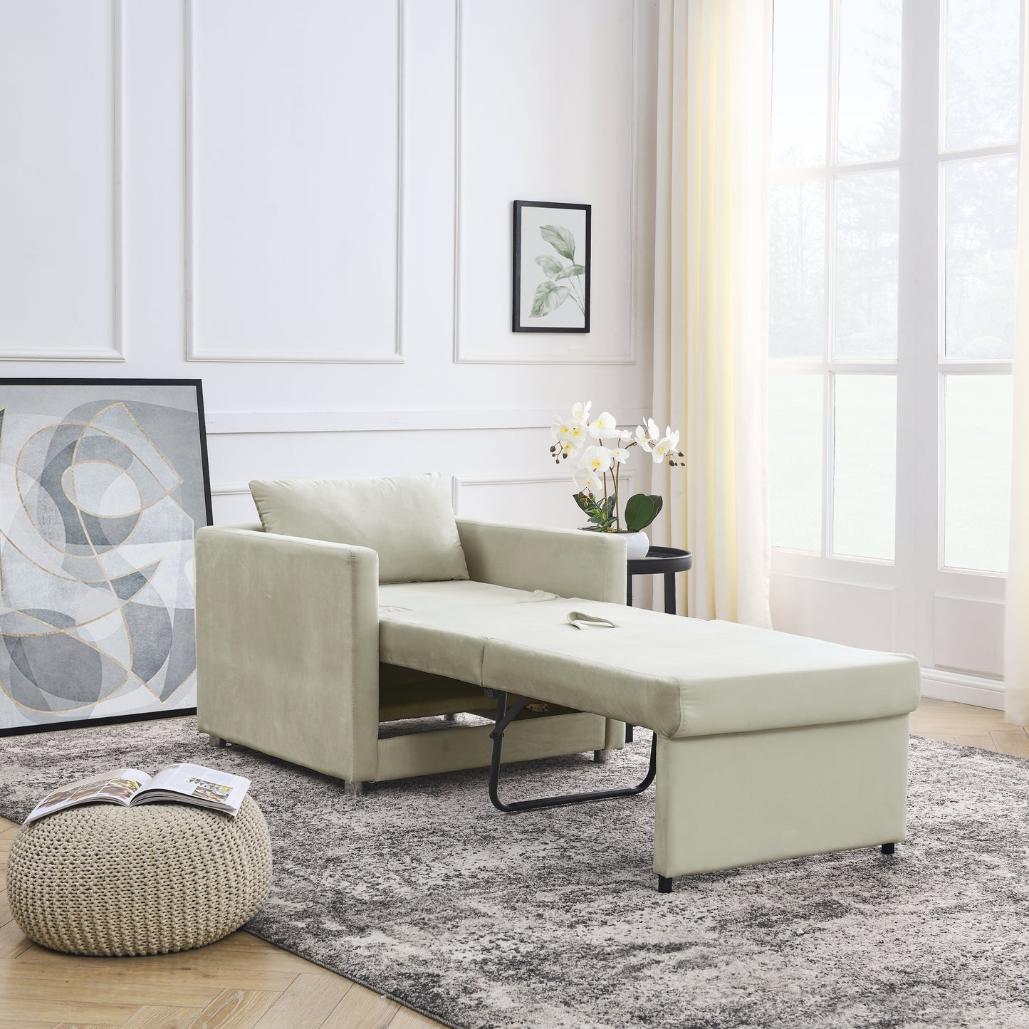 2-in-1 Convertible Sofa Chair Bed Space Saving Lounger Sleeper Chair- Beige_12