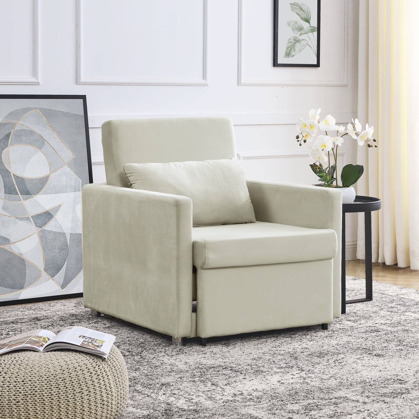 2-in-1 Convertible Sofa Chair Bed Space Saving Lounger Sleeper Chair- Beige_2
