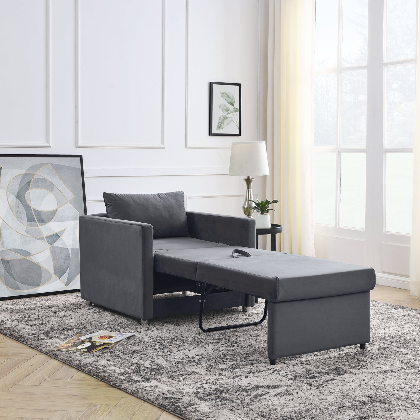 2-in-1 Convertible Sofa Chair Bed Space Saving Lounger Sleeper Chair- Gray_10