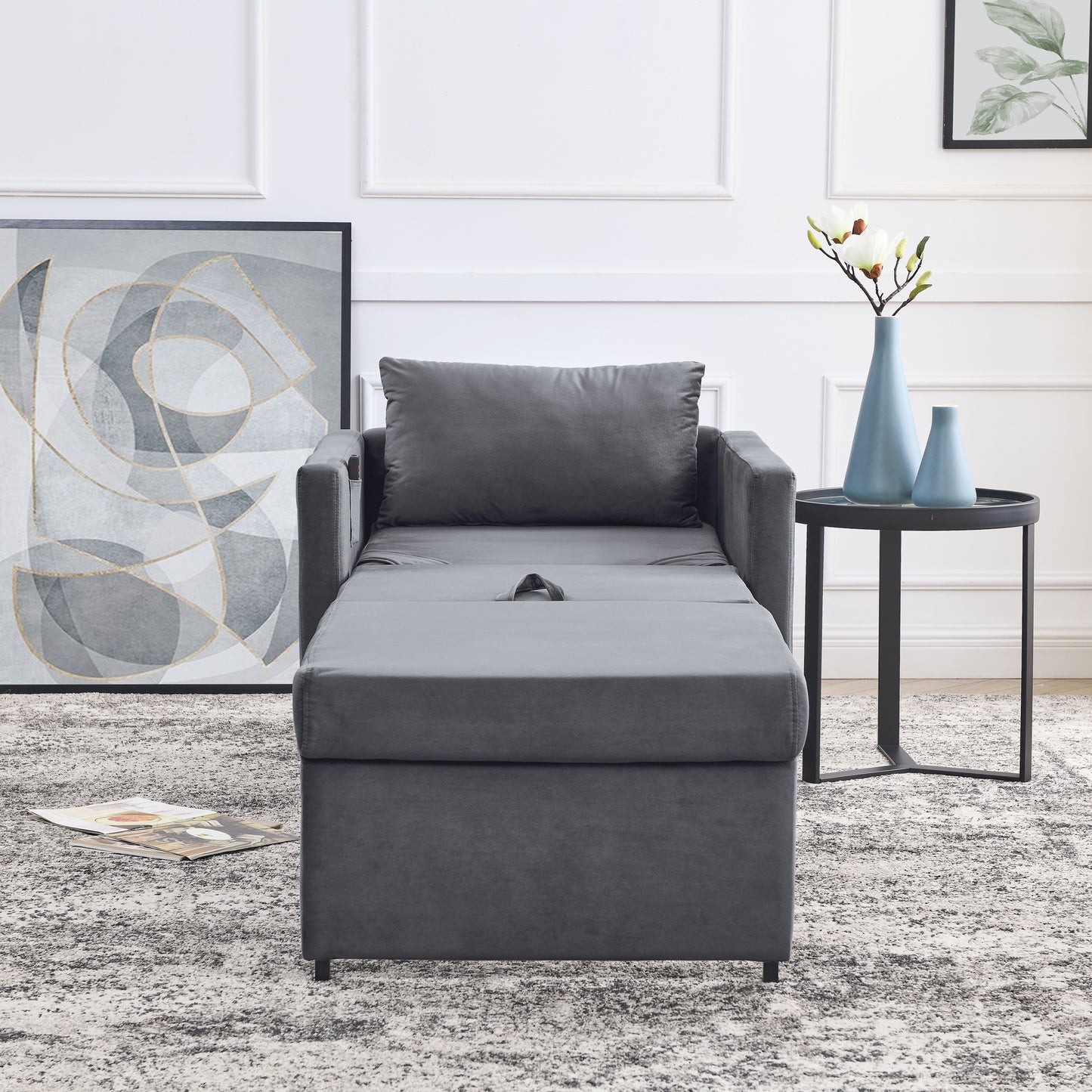 2-in-1 Convertible Sofa Chair Bed Space Saving Lounger Sleeper Chair- Gray_5