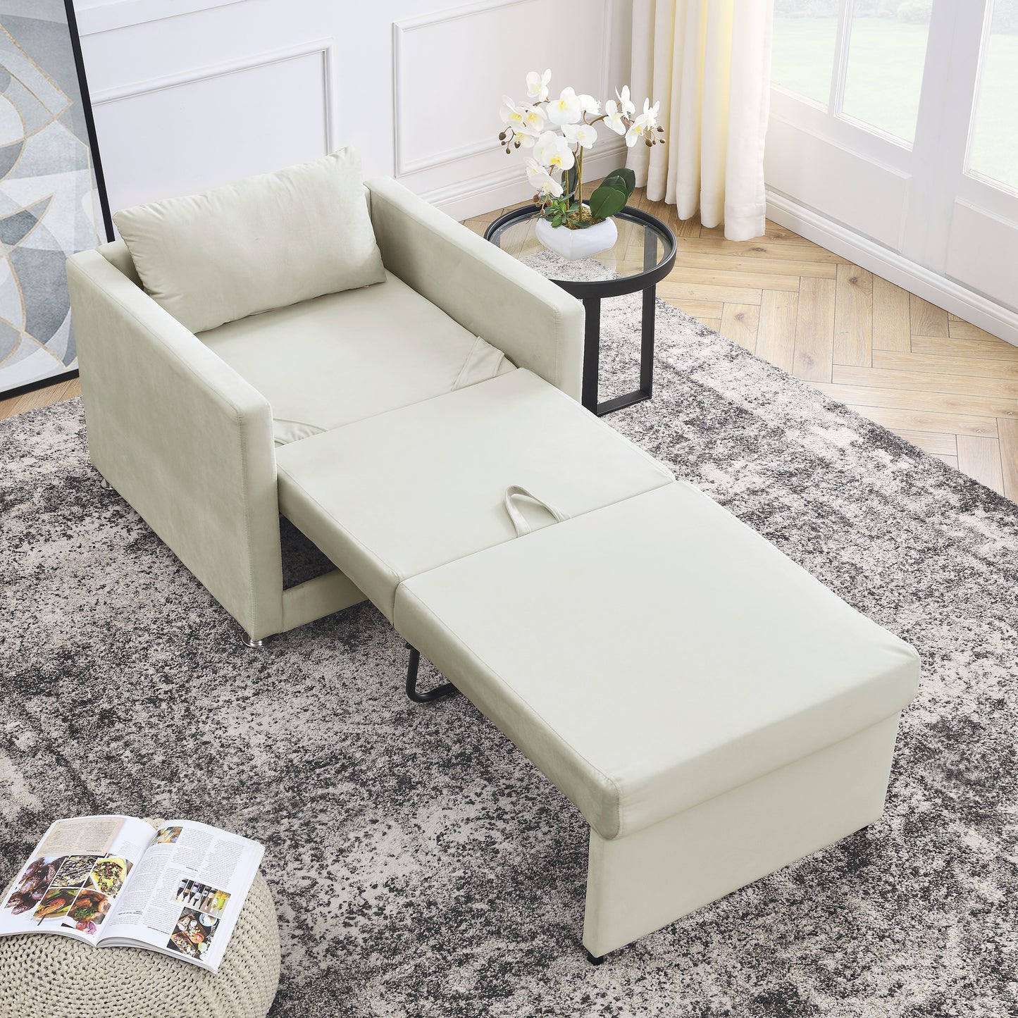 2-in-1 Convertible Sofa Chair Bed Space Saving Lounger Sleeper Chair- Beige_1