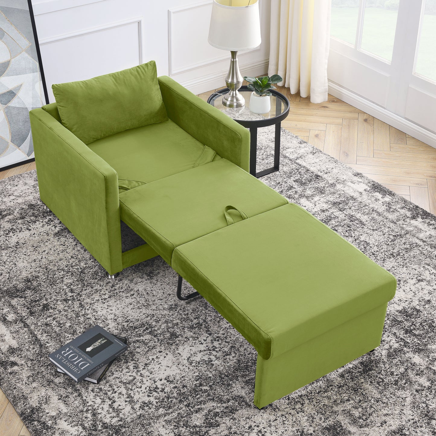 2-in-1 Convertible Sofa Chair Bed Space Saving Lounger Sleeper Chair- Green_1