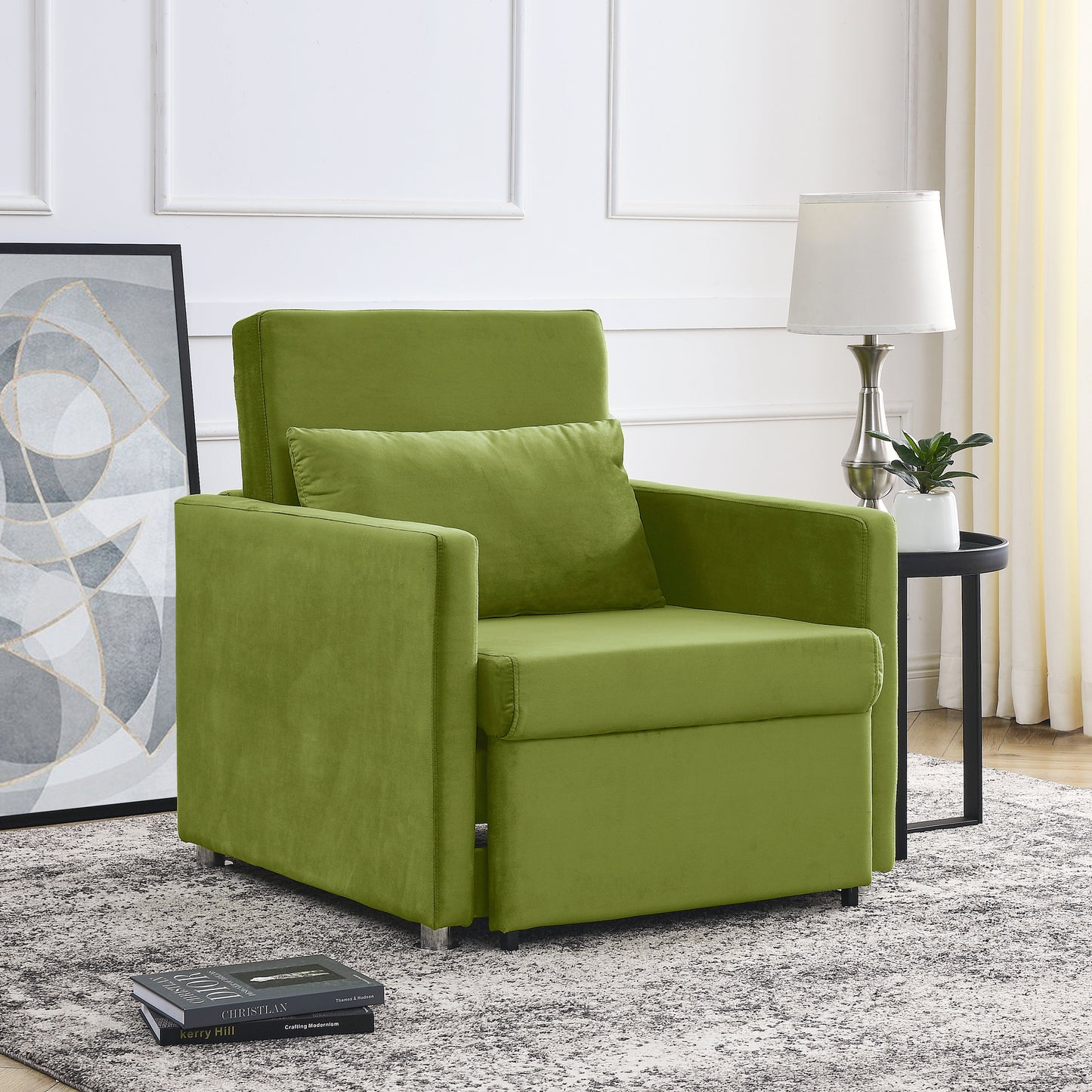 2-in-1 Convertible Sofa Chair Bed Space Saving Lounger Sleeper Chair- Green_2