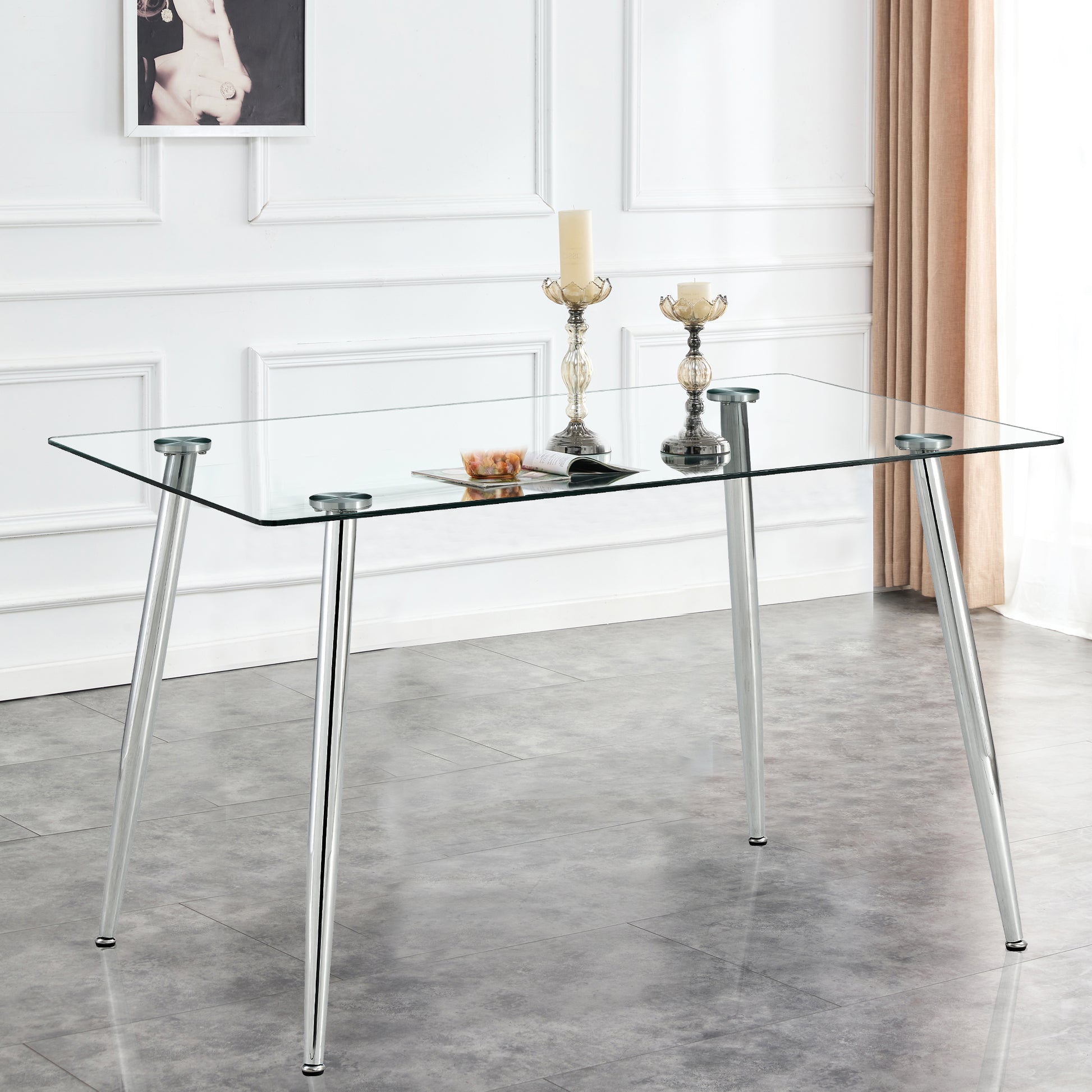 Set of 5 Tempered Glass Dining Table with Dining Chairs- Transparent Table+White Chairs_5