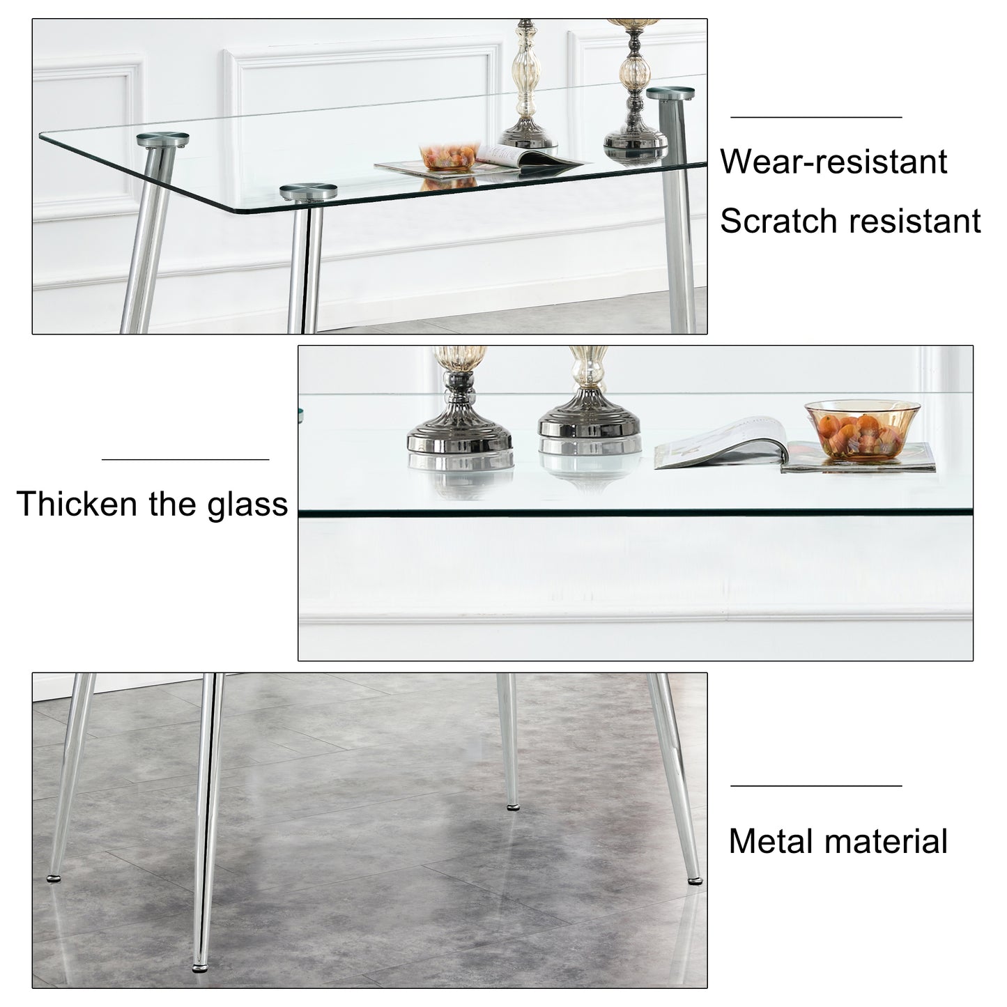 Set of 5 Tempered Glass Dining Table with Dining Chairs- Transparent Table+White Chairs_13