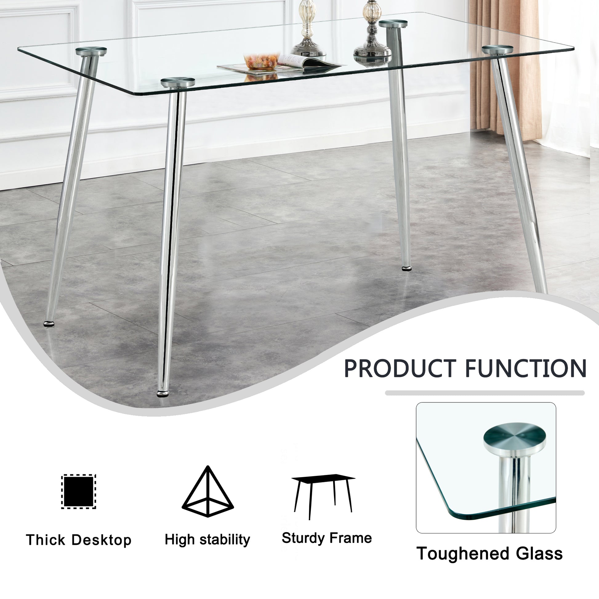Set of 5 Tempered Glass Dining Table with Dining Chairs- Transparent Table+White Chairs_10