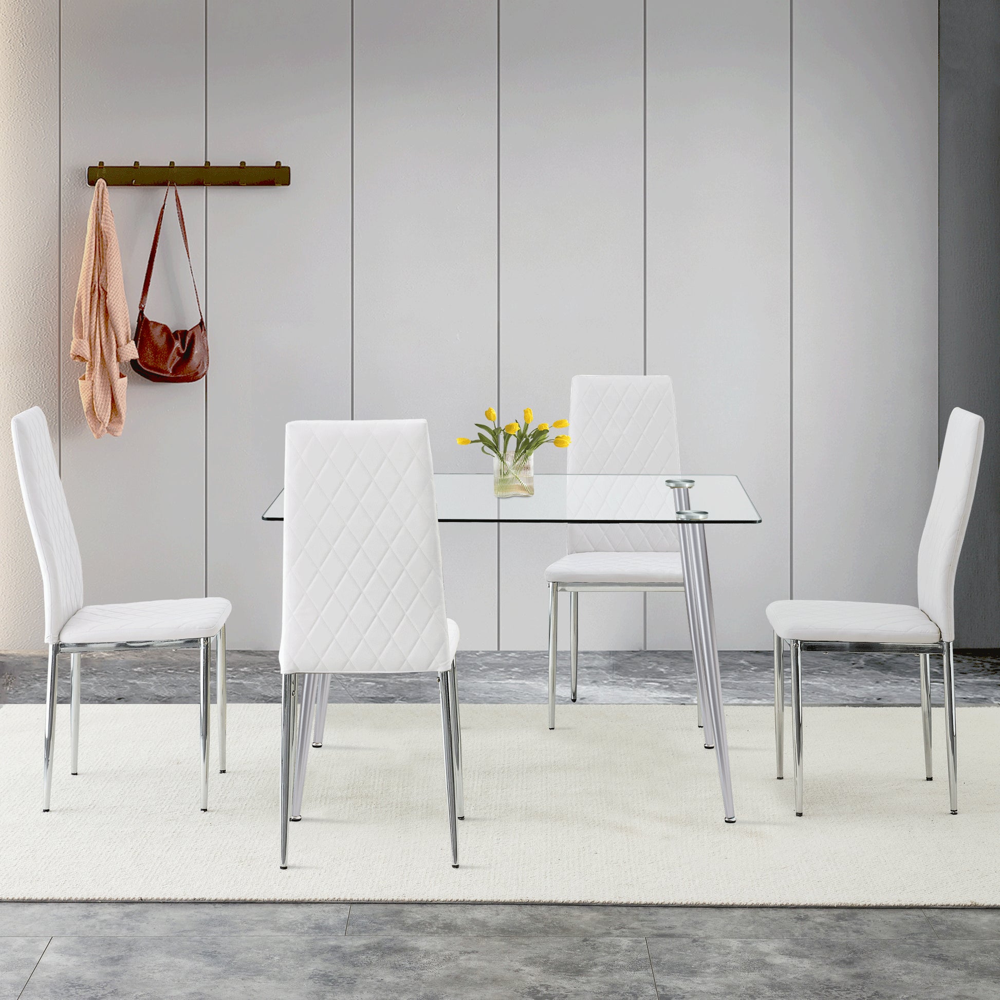Set of 5 Tempered Glass Dining Table with Dining Chairs- Transparent Table+White Chairs_2