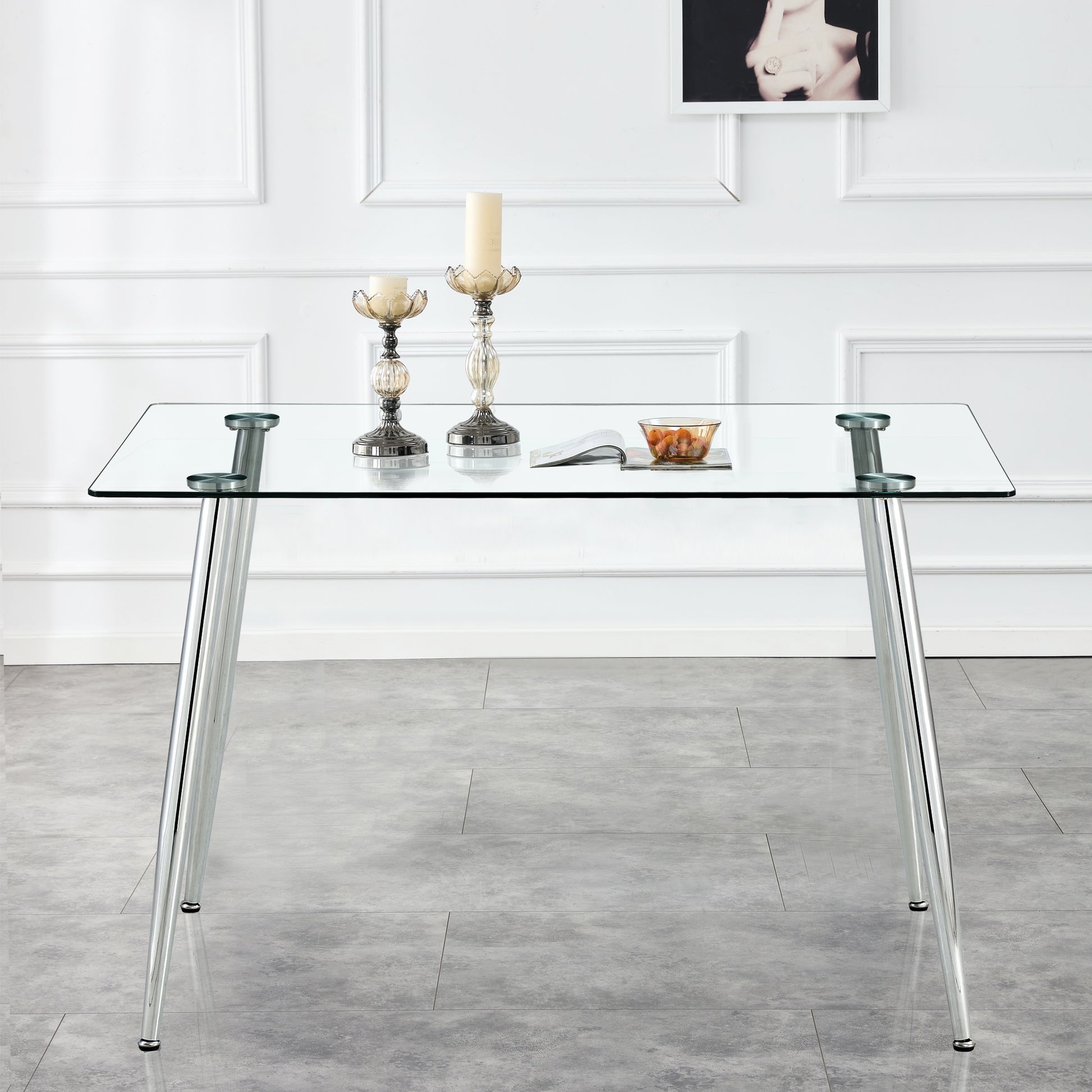 Set of 5 Tempered Glass Dining Table with Dining Chairs- Transparent Table+White Chairs_4