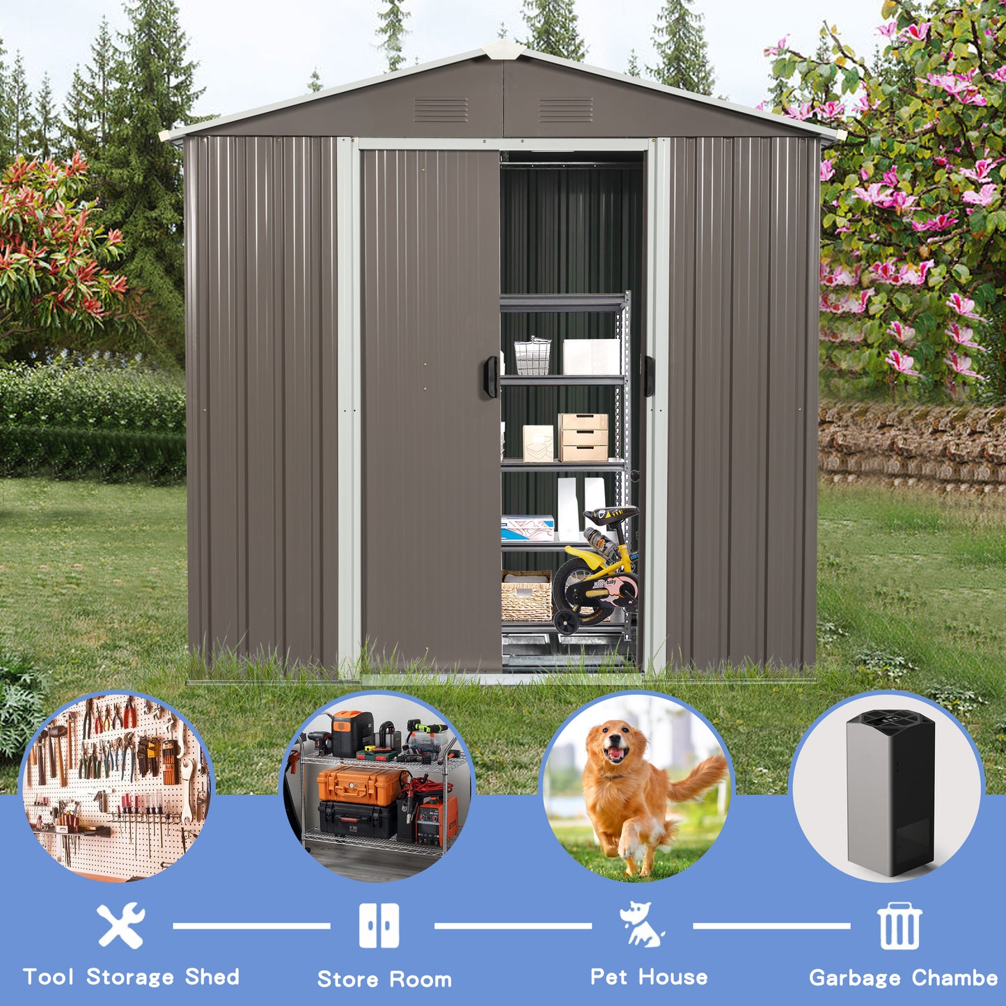 8ft x 4ft Outdoor Storage Shed for Garden Storage with Metal Floor-to-Ceiling Lockable Sliding Door- Grey_6