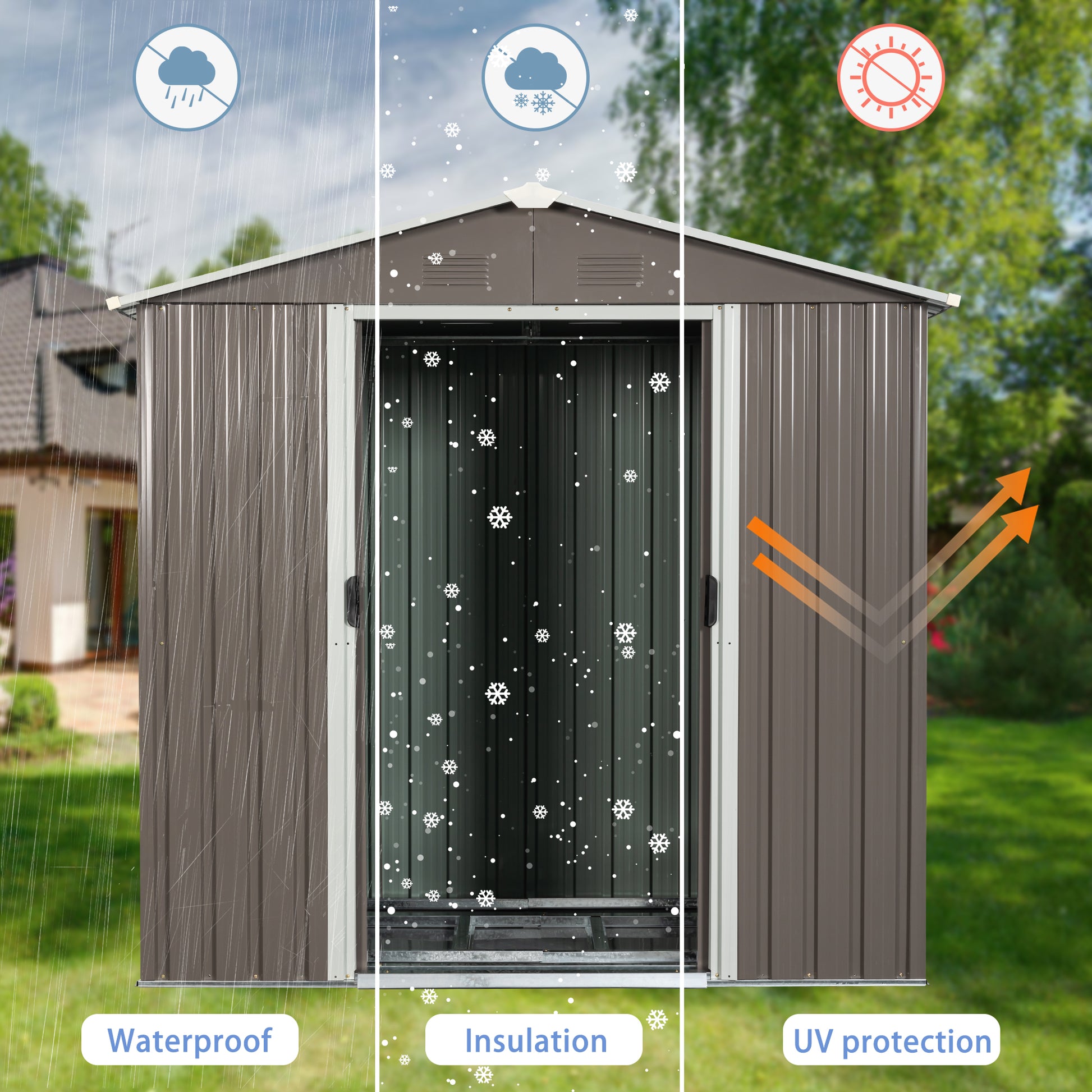 8ft x 4ft Outdoor Storage Shed for Garden Storage with Metal Floor-to-Ceiling Lockable Sliding Door- Grey_5