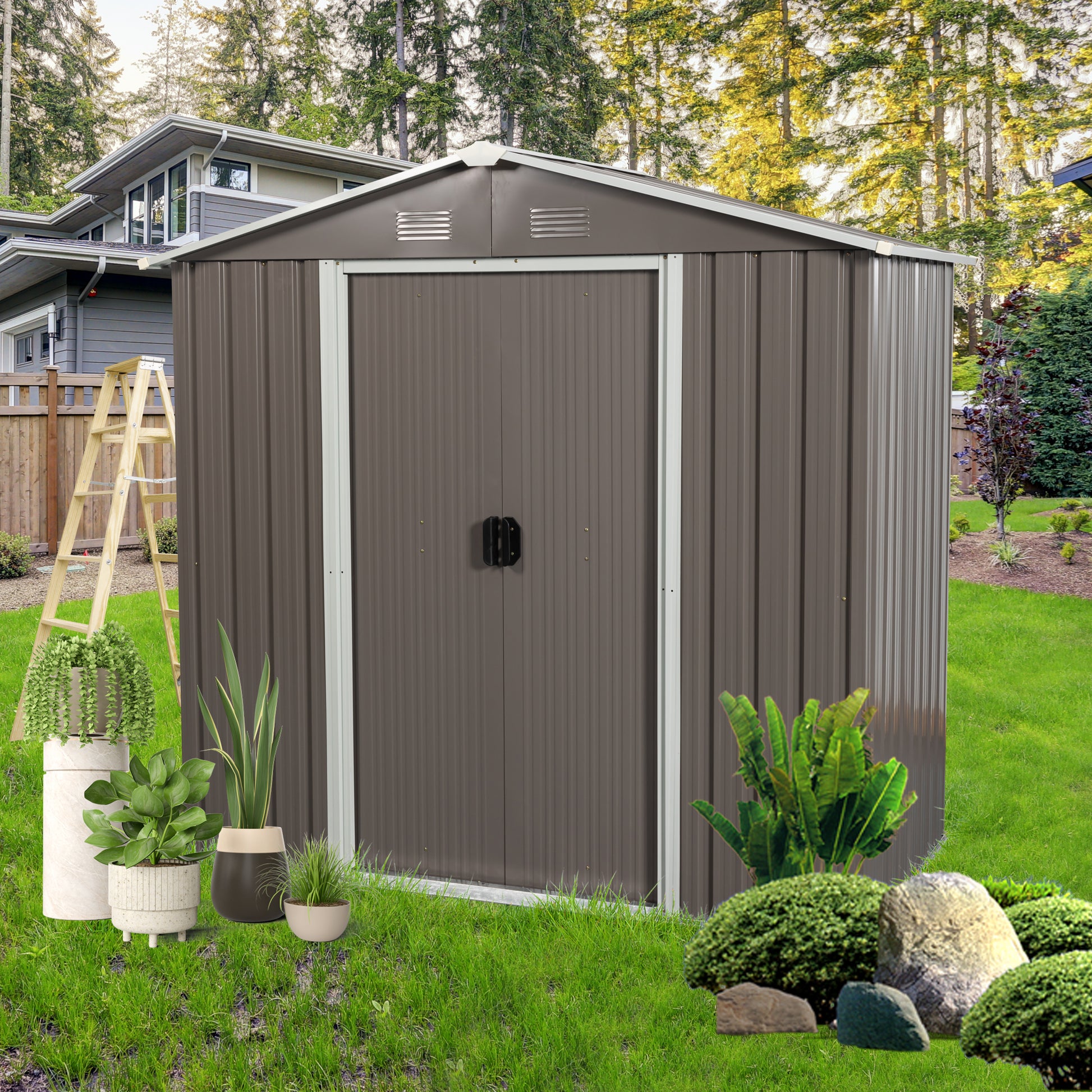 8ft x 4ft Outdoor Storage Shed for Garden Storage with Metal Floor-to-Ceiling Lockable Sliding Door- Grey_2