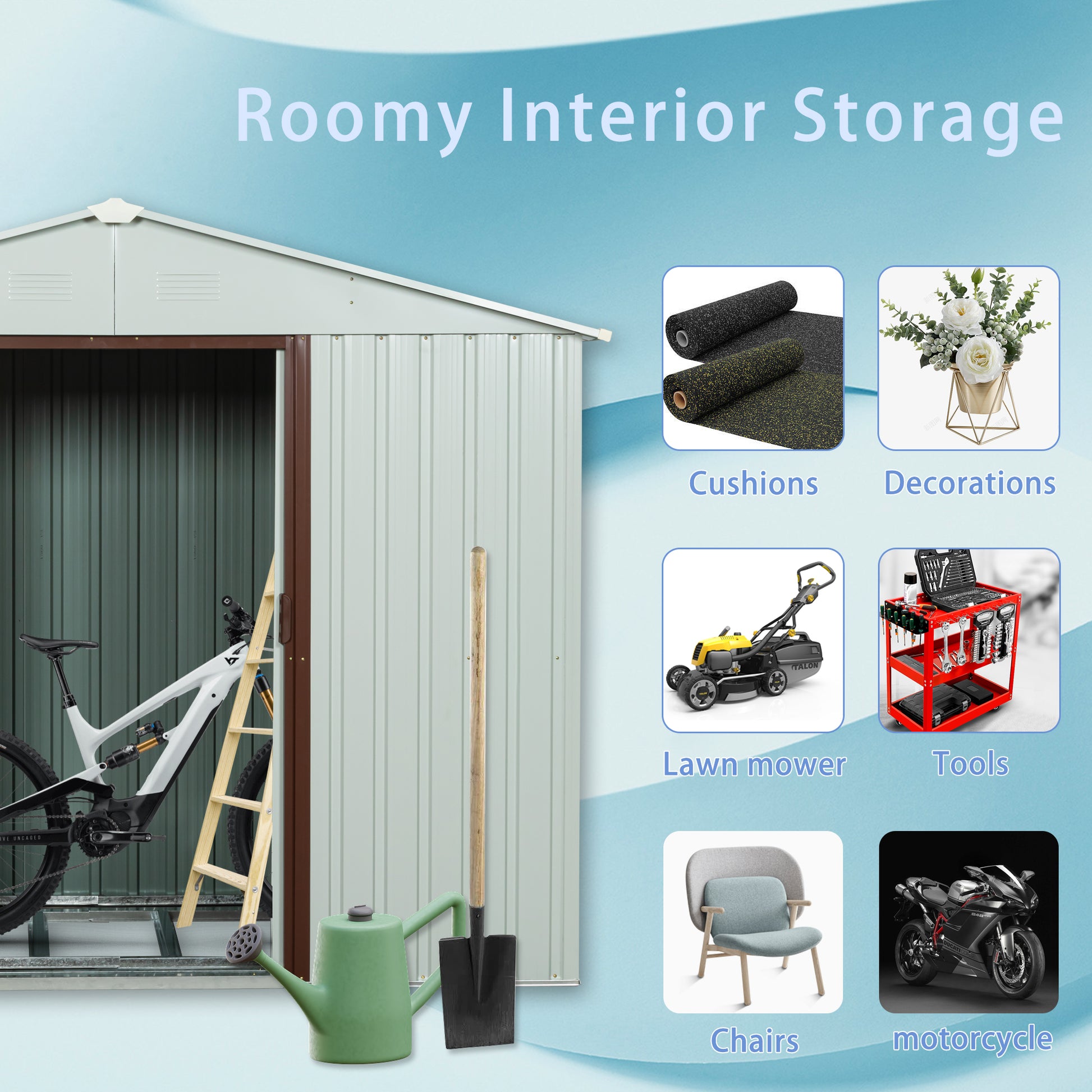 8ft x 4ft Outdoor Metal Garden Storage Shed with Lockable Sliding Door-White_5