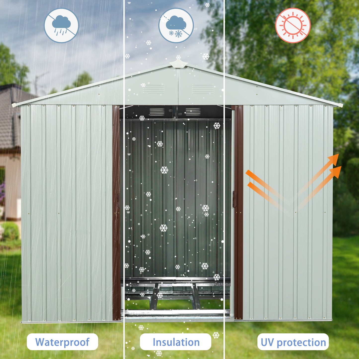 8ft x 4ft Outdoor Metal Garden Storage Shed with Lockable Sliding Door-White_4